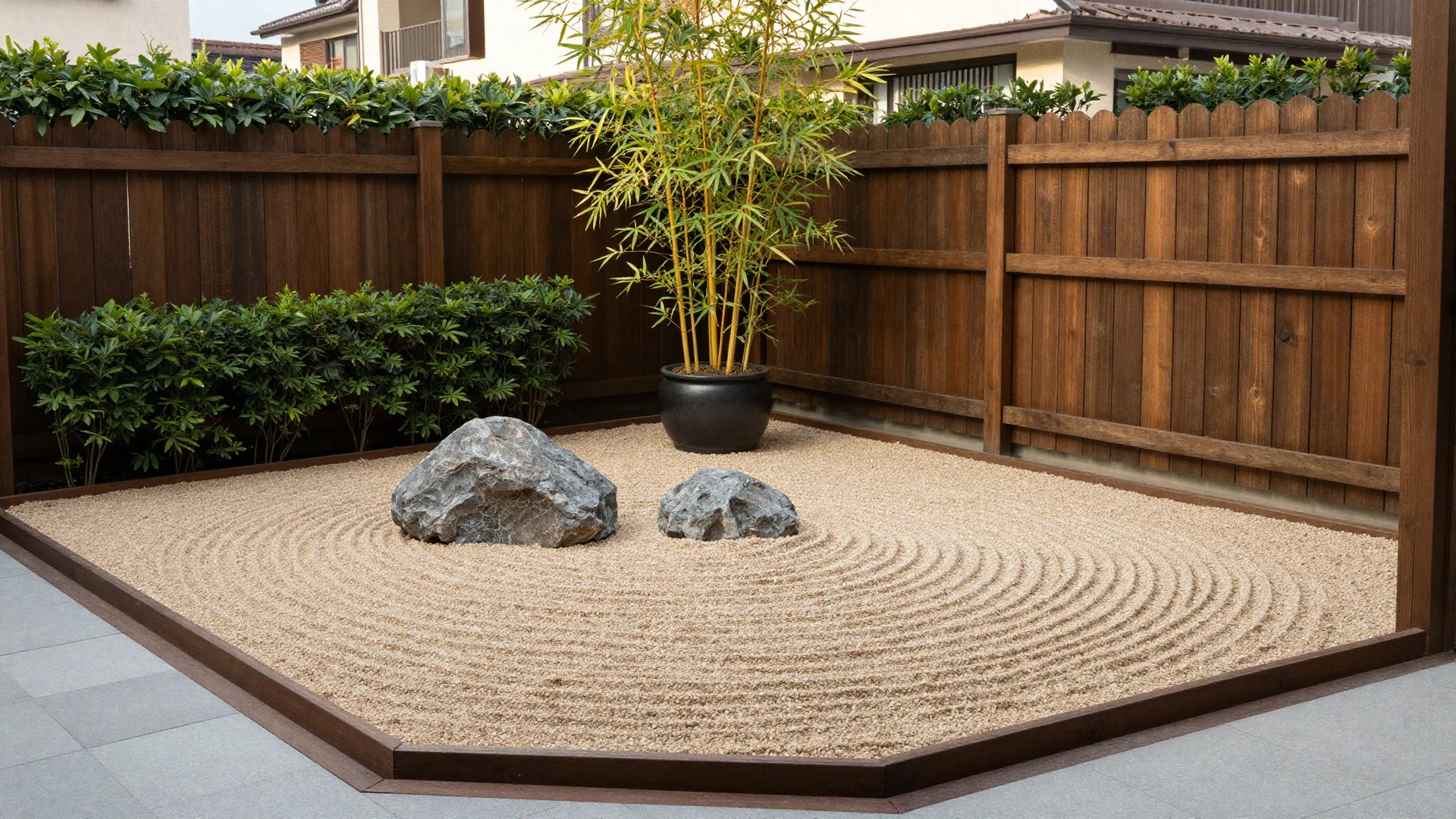 A small corner zen garden featuring finely raked sand, three dark rocks, and a potted bamboo plant against a dark wooden privacy fence.