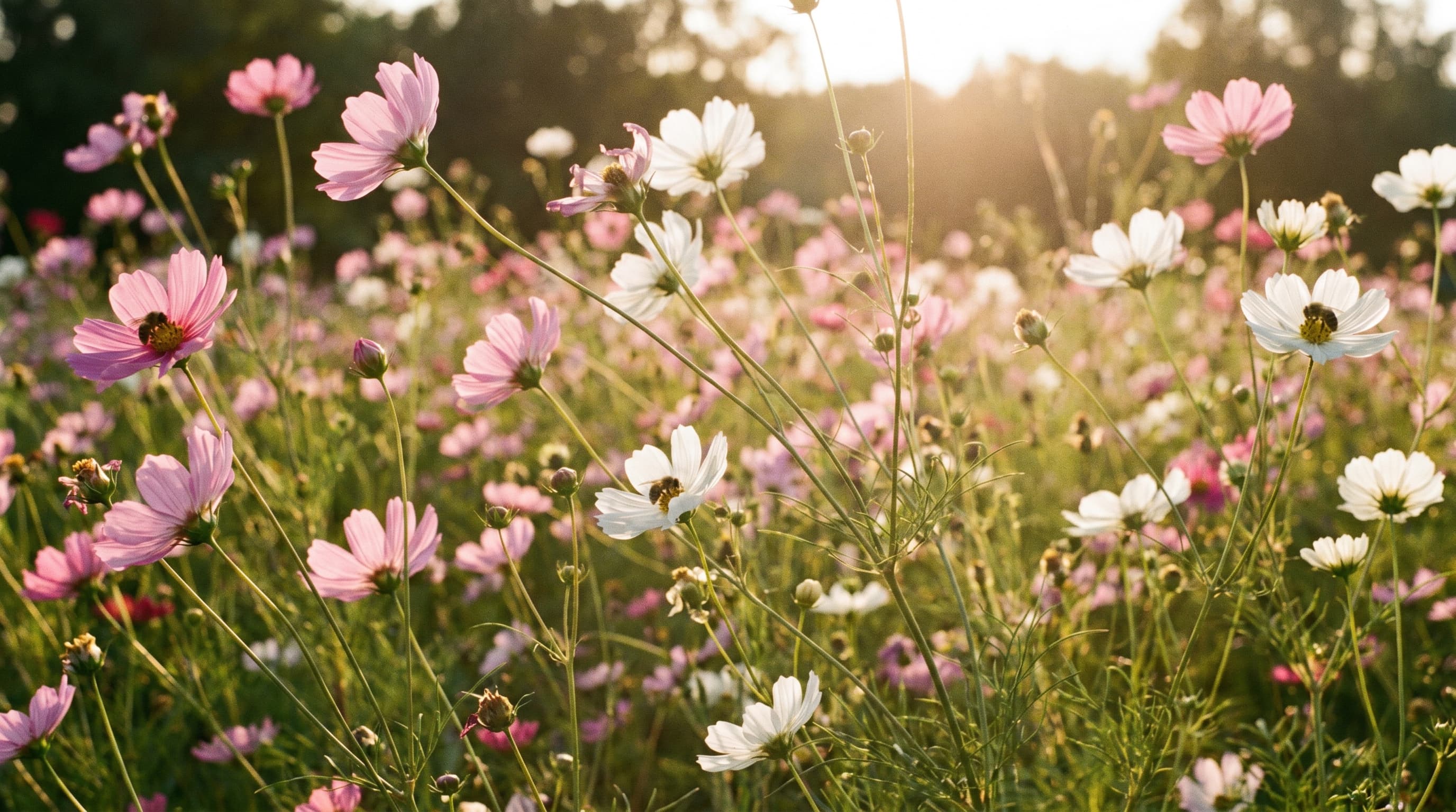 Pink and white cosmos flowers swaying in a sunlit wildflower meadow.