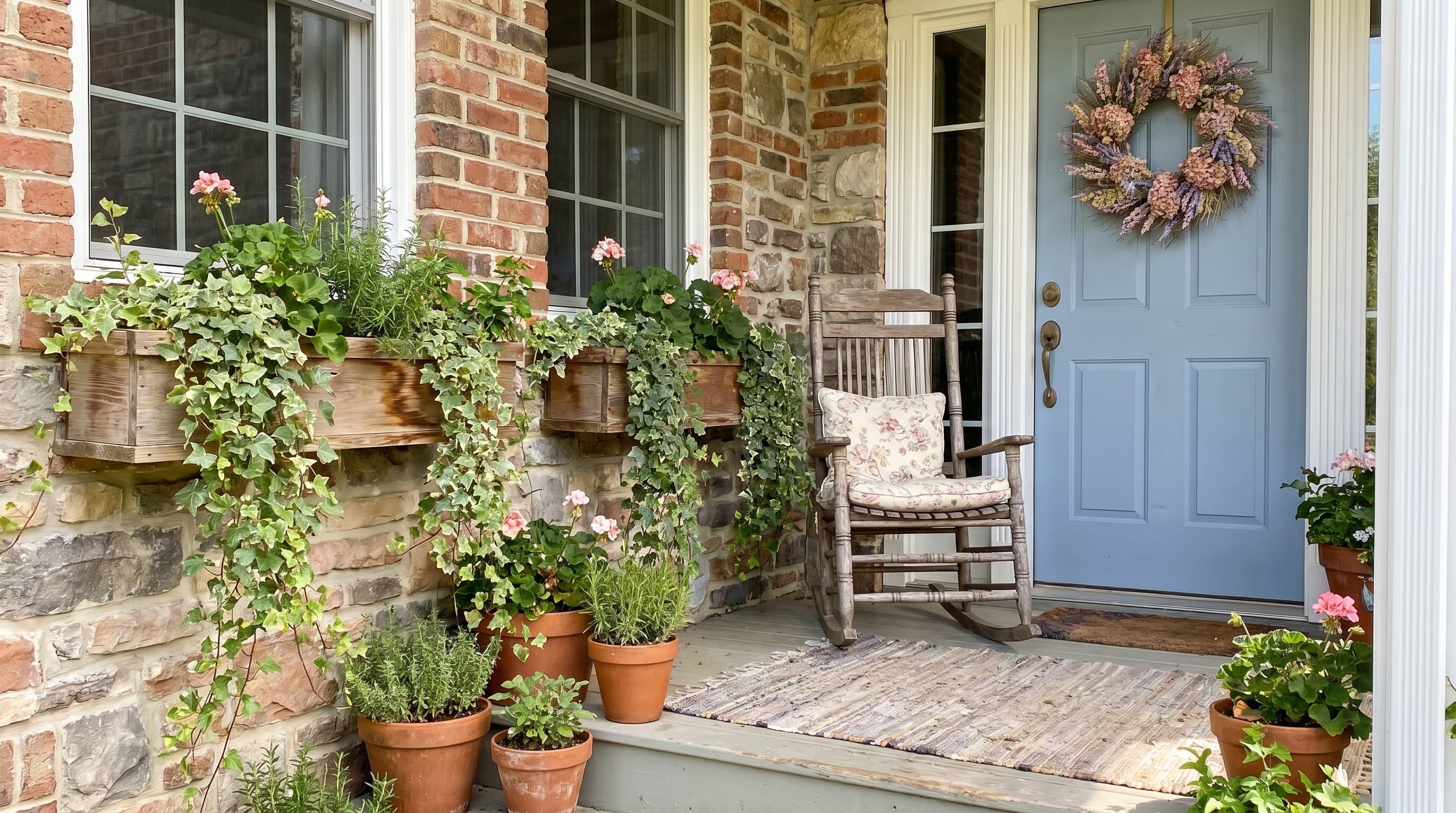 Cottagecore front porch decorating ideas with a floral wreath, trailing ivy, a vintage rocking chair, and wooden window boxes.