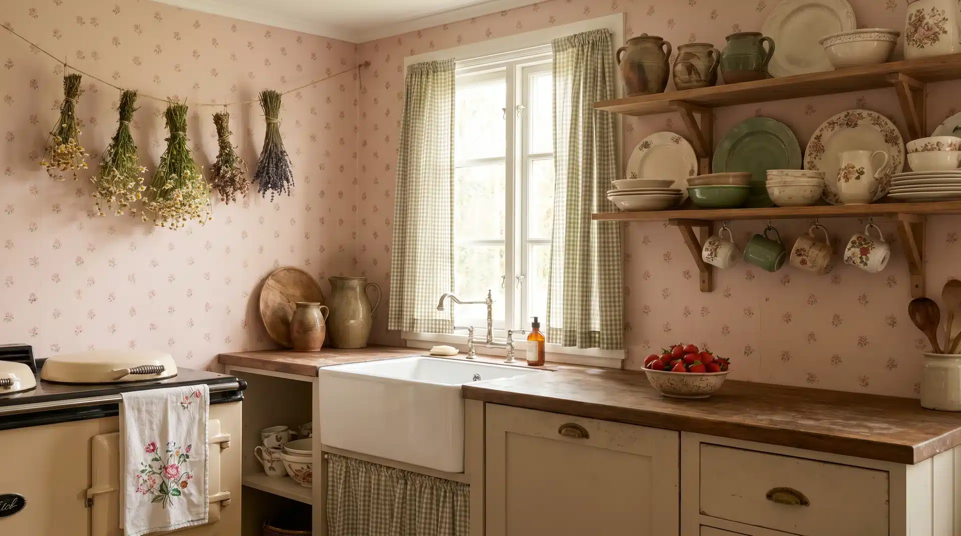 Cottagecore kitchen with floral wallpaper, an apron sink, open wood shelves with vintage china, and hanging dried flowers.