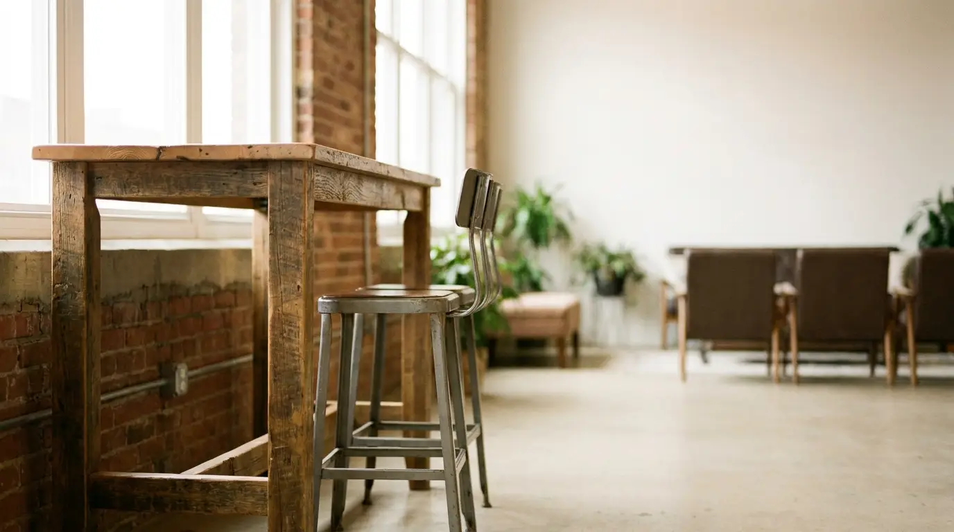 Rustic wooden table with metal stools in bright industrial-style lounge with plants and soft seating