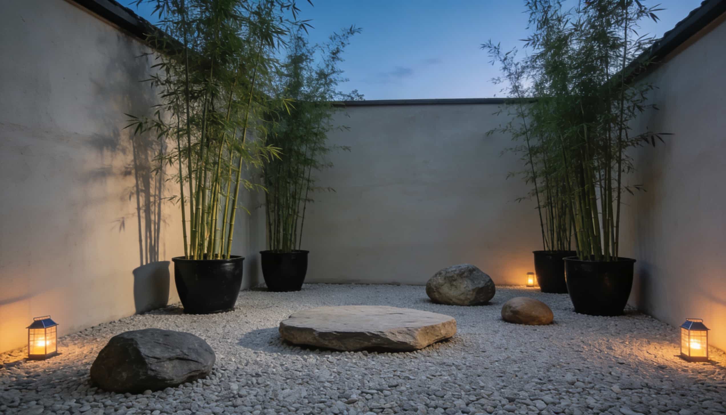 An enclosed courtyard zen garden at dusk with a gravel floor, large accent stones, potted bamboo along the walls, and glowing solar lanterns.