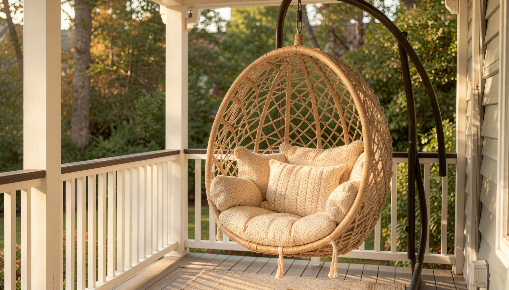 front porch ideas with a rope hammock hanging chair, woven cushion, and greenery in the background