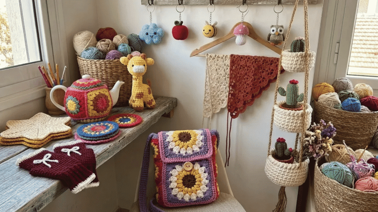 Cozy crochet craft corner filled with colorful handmade projects, yarn baskets, plushies, bags, coasters, and hanging plant holders. (1)