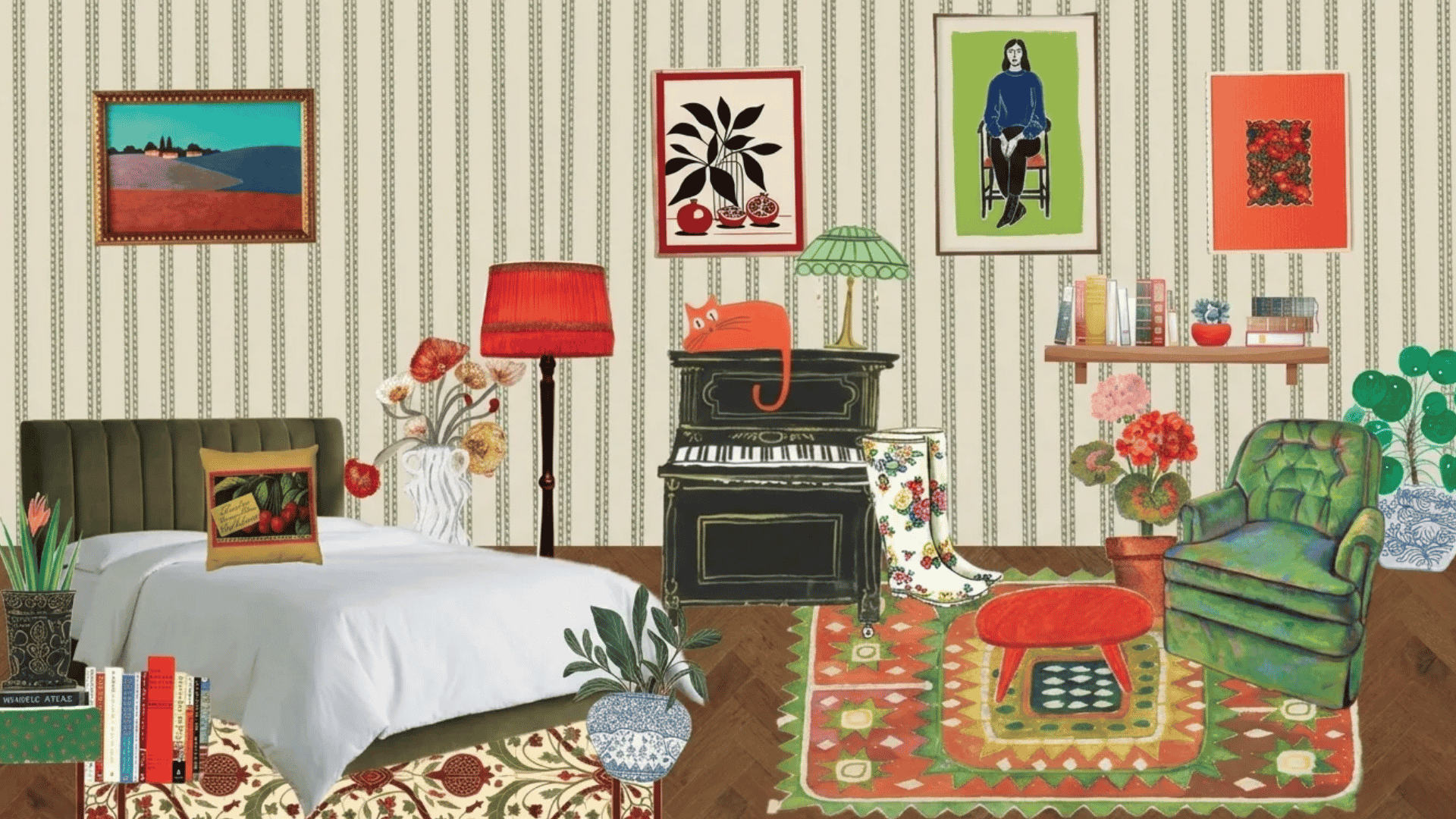 Cozy eclectic bedroom illustration with vintage furniture, colorful wall art, indoor plants, and patterned decor.