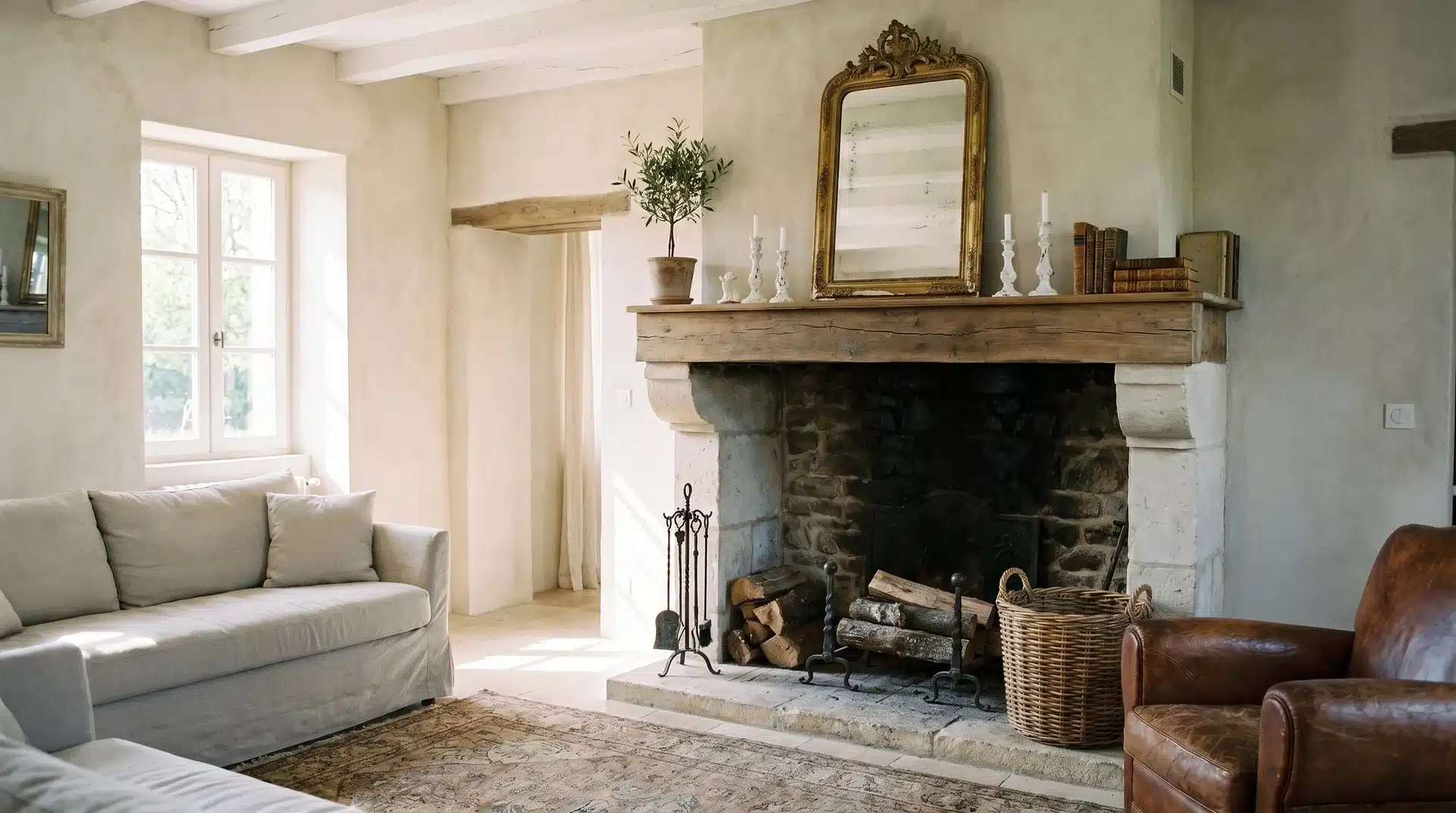 Cozy fireplace setup with stone surround, stacked logs, and comfy seating.