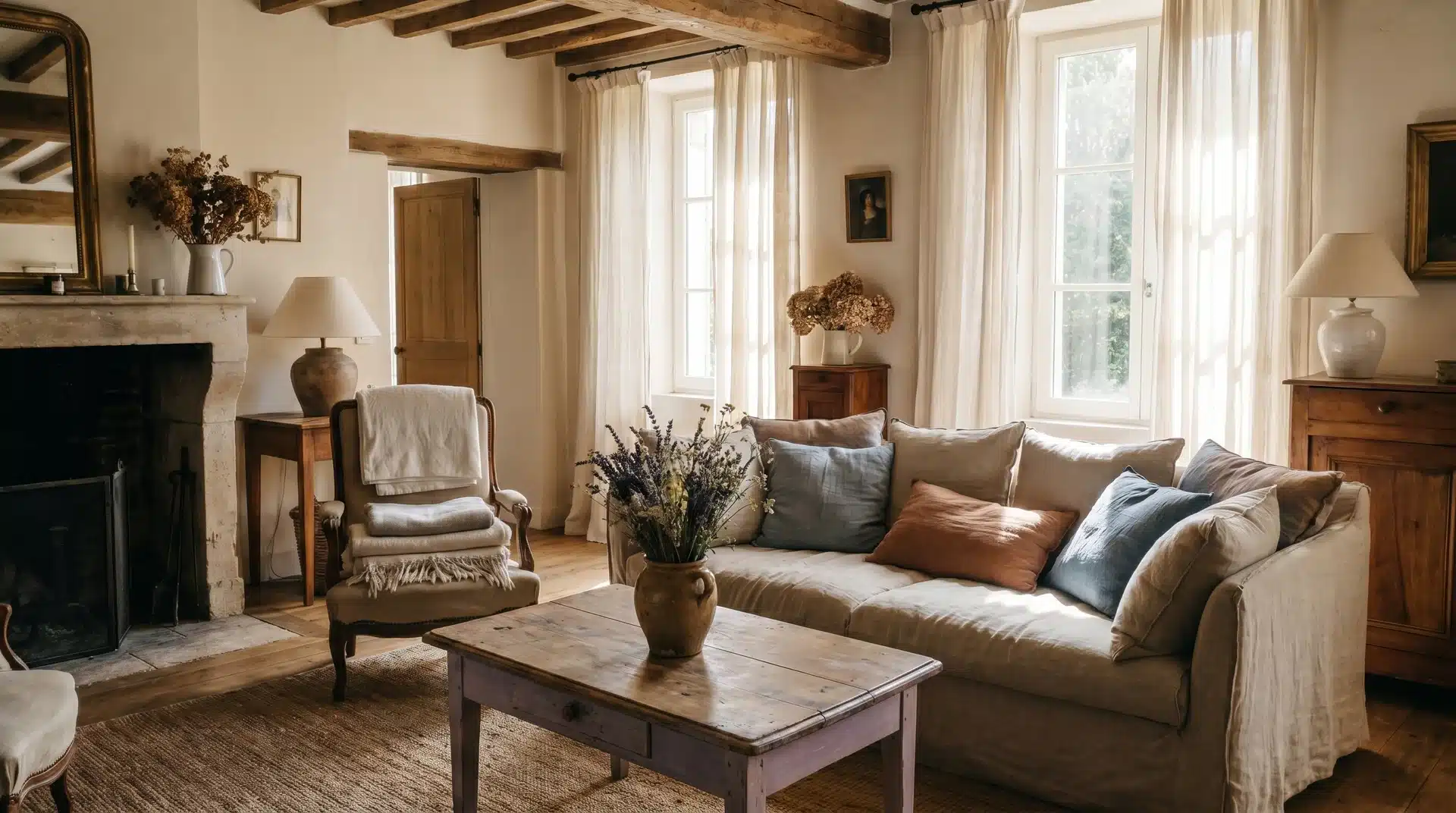 French country living room with linen-covered sofa, cotton throws, wooden coffee table, and cushions.