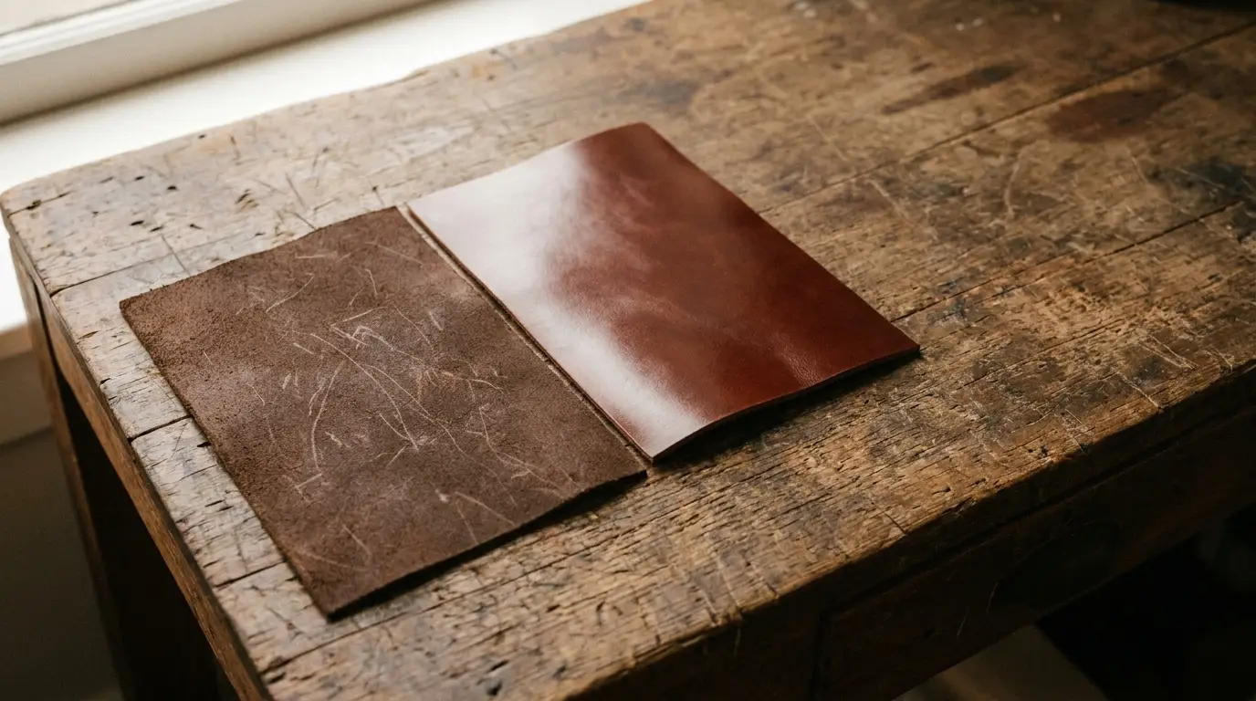 Open leather cover lying on worn wooden desk in natural light