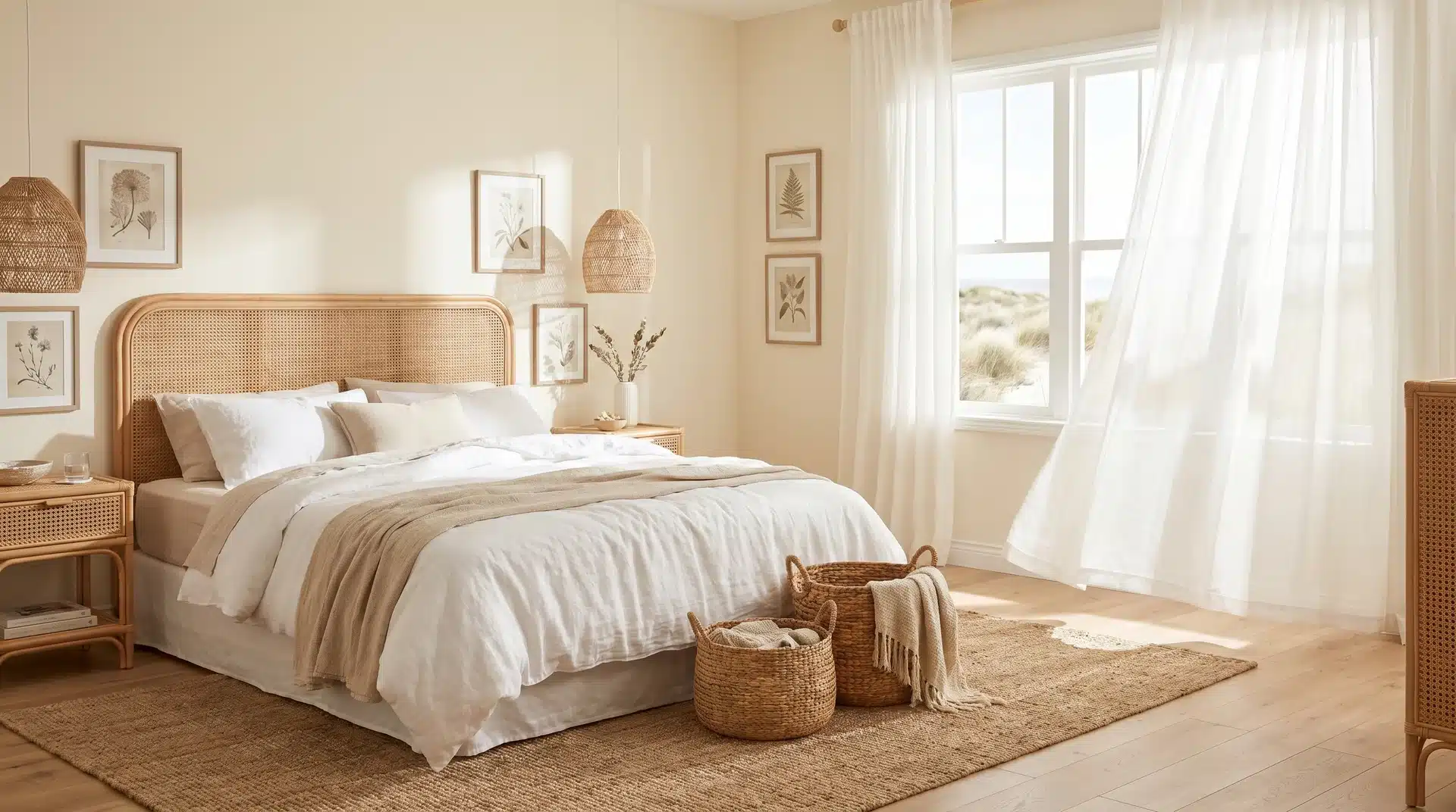 Cream bedroom featuring a rattan headboard, layered bedding, a light wood nightstand, and woven storage baskets.