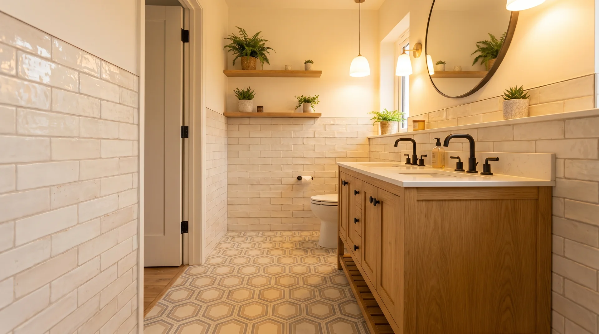 Bathroom with geometric patterned floor tiles and wooden vanity.