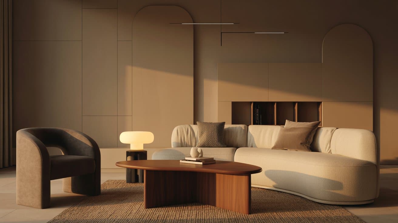 Living room with curved furniture including a rounded sofa, kidney-shaped coffee table, and arch-back chair, mixed with straight-lined pieces, creating smooth visual flow and inviting atmosphere.