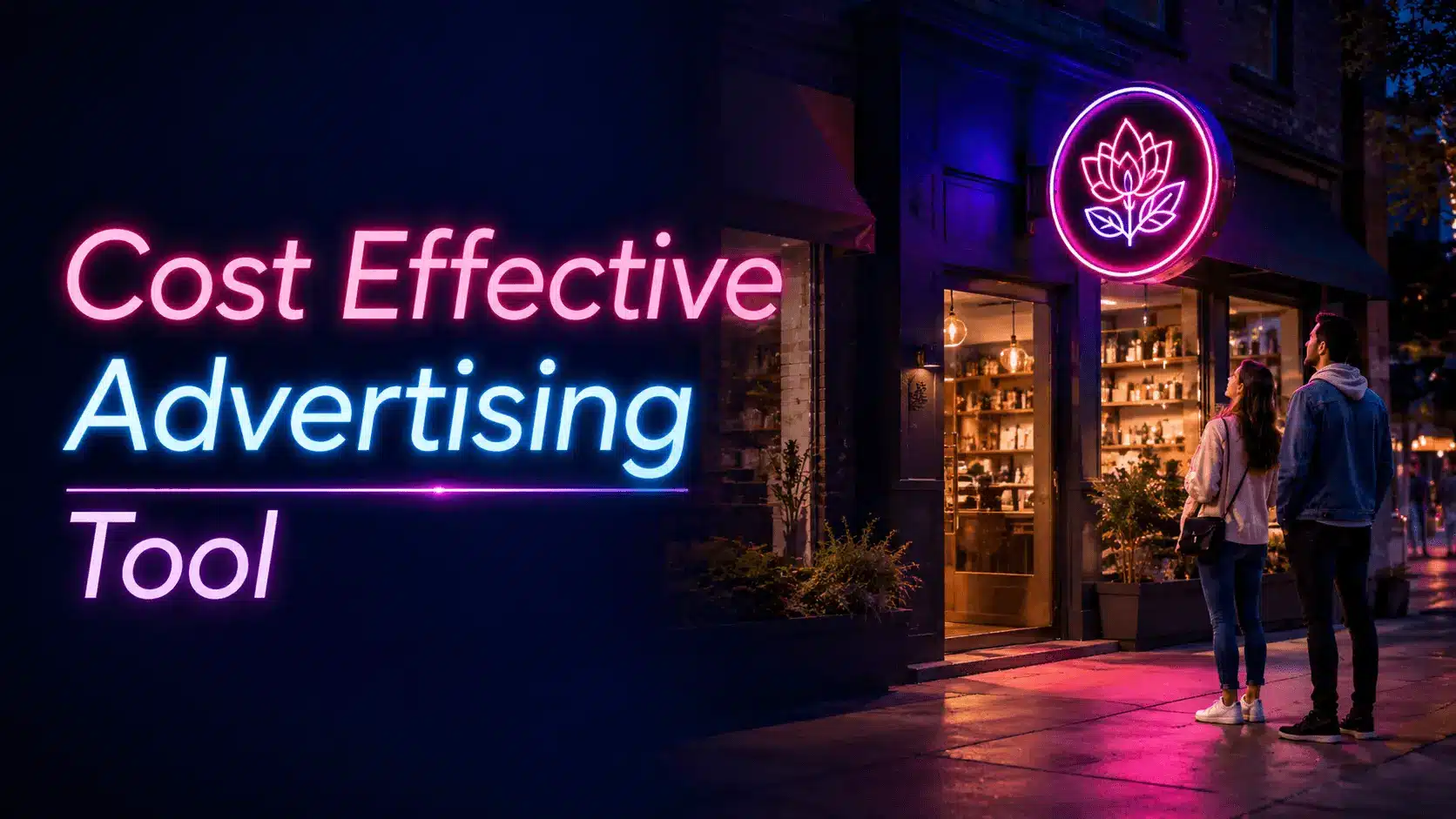 Neon lotus sign above shop entrance with two people standing outside at night