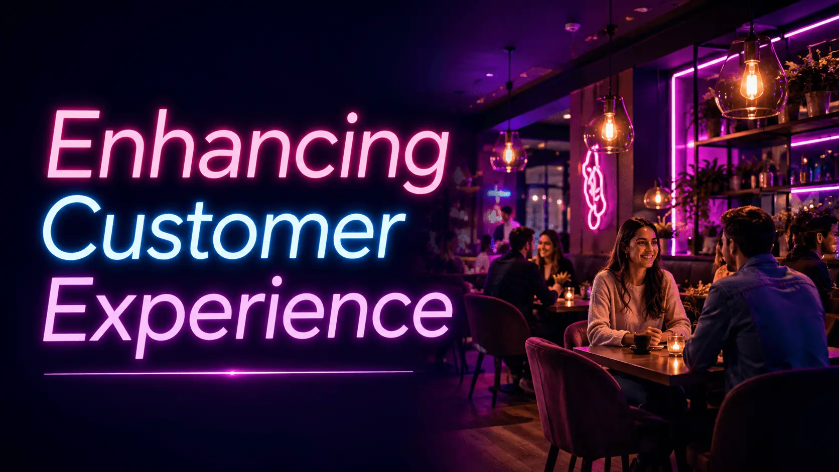 Couple enjoying coffee in modern cafe with purple neon lighting and hanging pendant lights