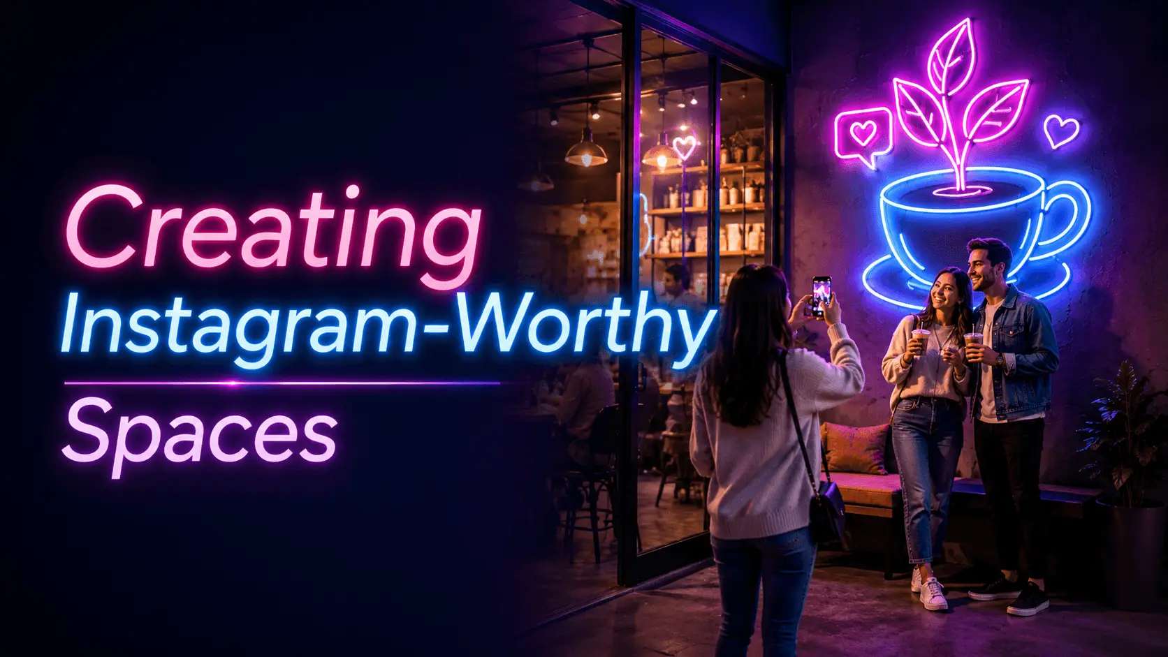 Neon lit cafe with couple posing for a photo under pink and blue signage