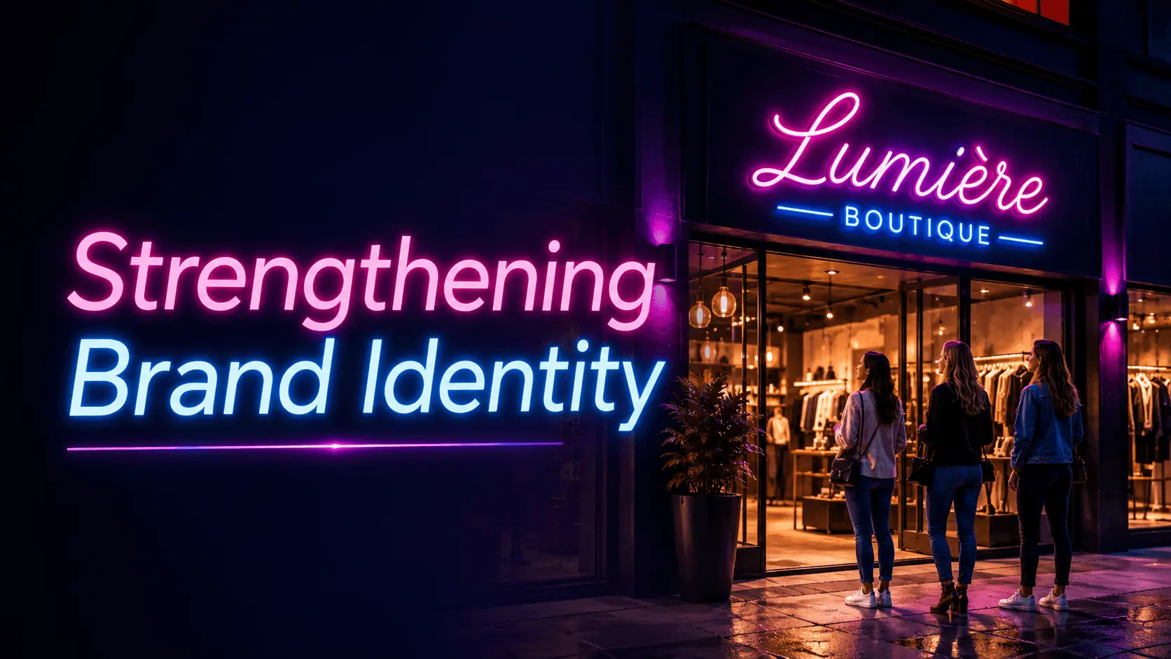 Neon-lit boutique entrance with three women standing outside at night