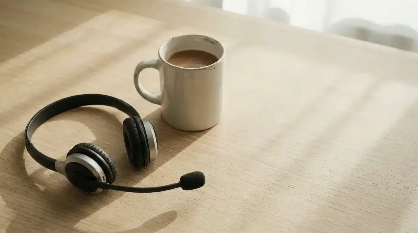 Headset and coffee mug on wooden desk in natural sunlight