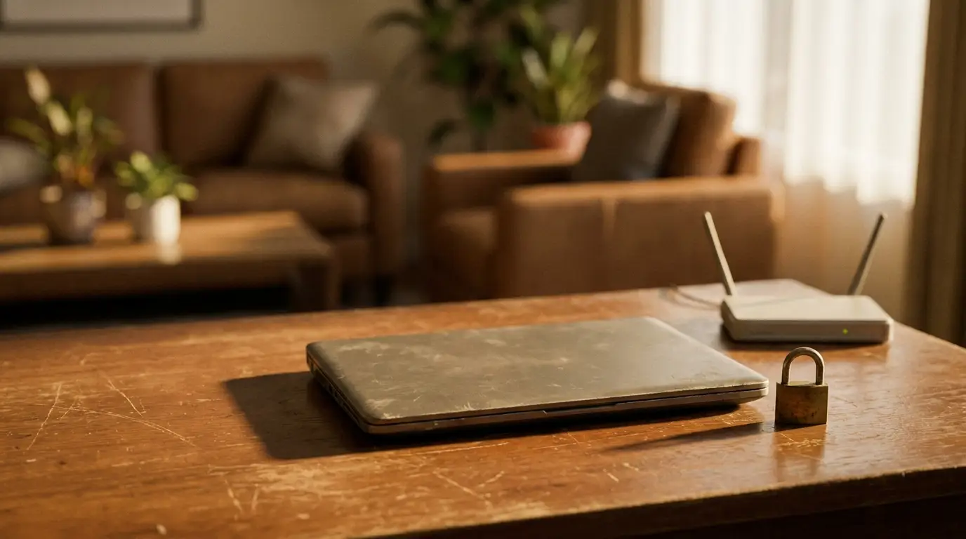 Laptop and lock on wooden table with a router in cozy living room setting
