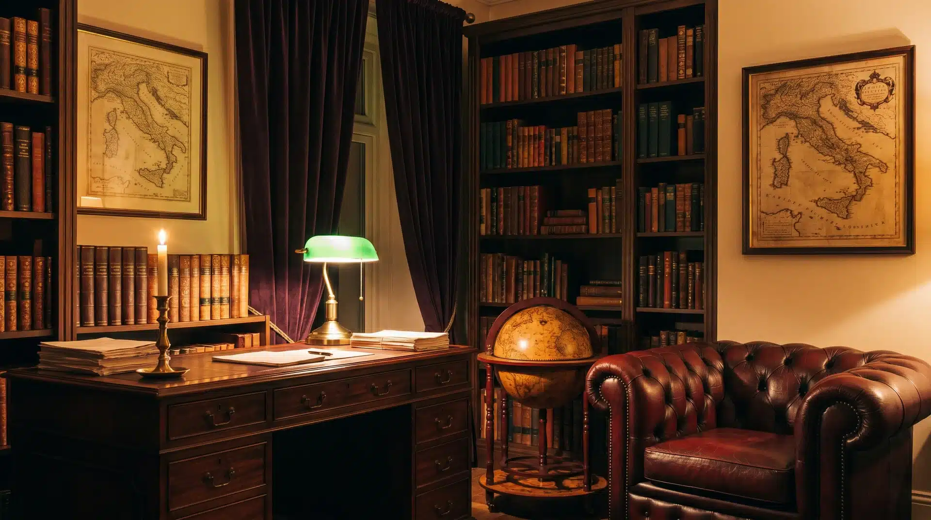 Moody Dark Academia study with floor-to-ceiling bookshelves, a leather tufted armchair, an antique globe, and maps.