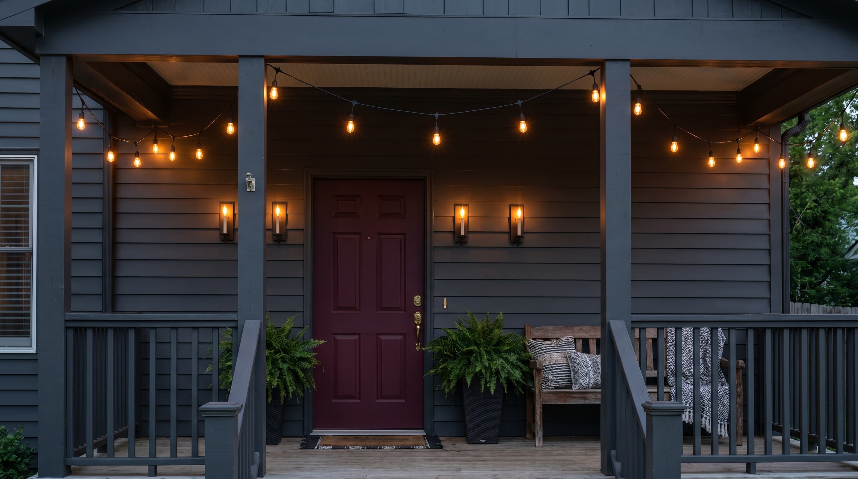 Moody dark front porch ideas with charcoal grey siding, and railing, a deep Maroon door, and warm Edison bulb lighting.
