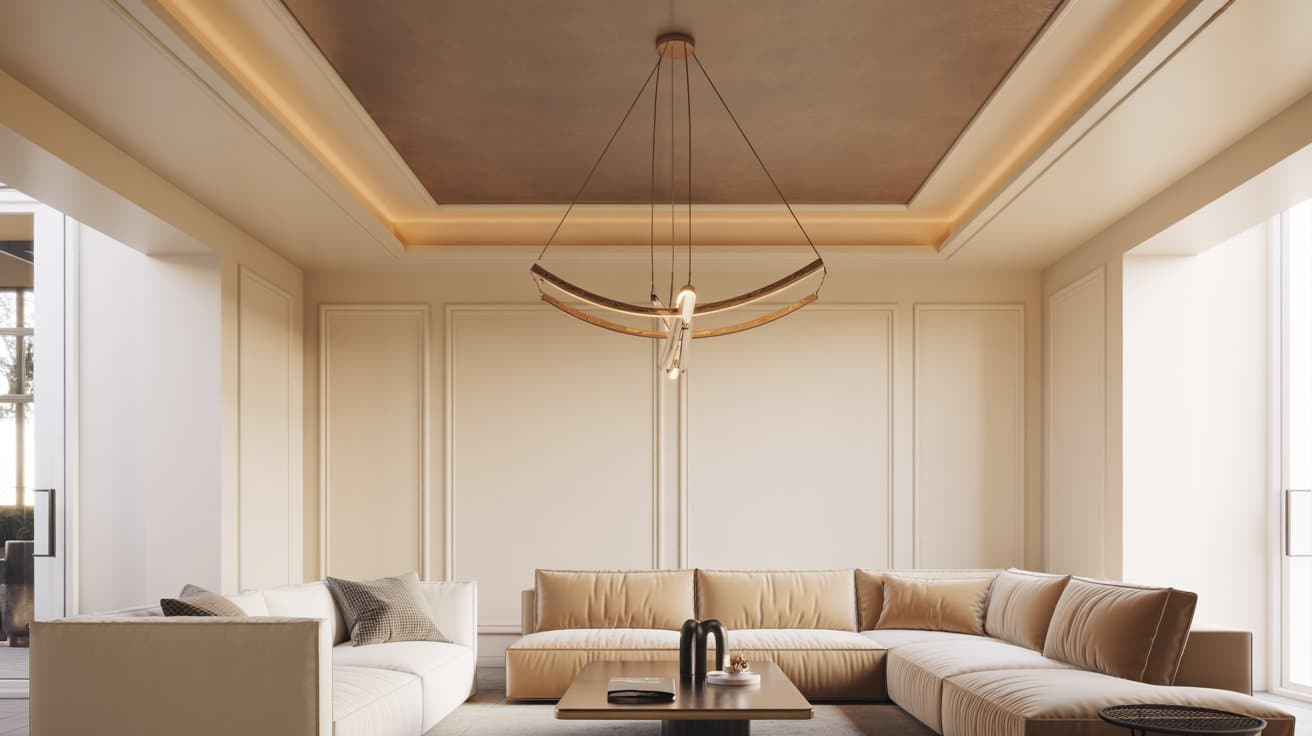 Living room with a darker greige ceiling over cream walls, a central pendant light, cozy furniture, and natural light emphasizing the ceiling contrast for an elegant, intentional look.