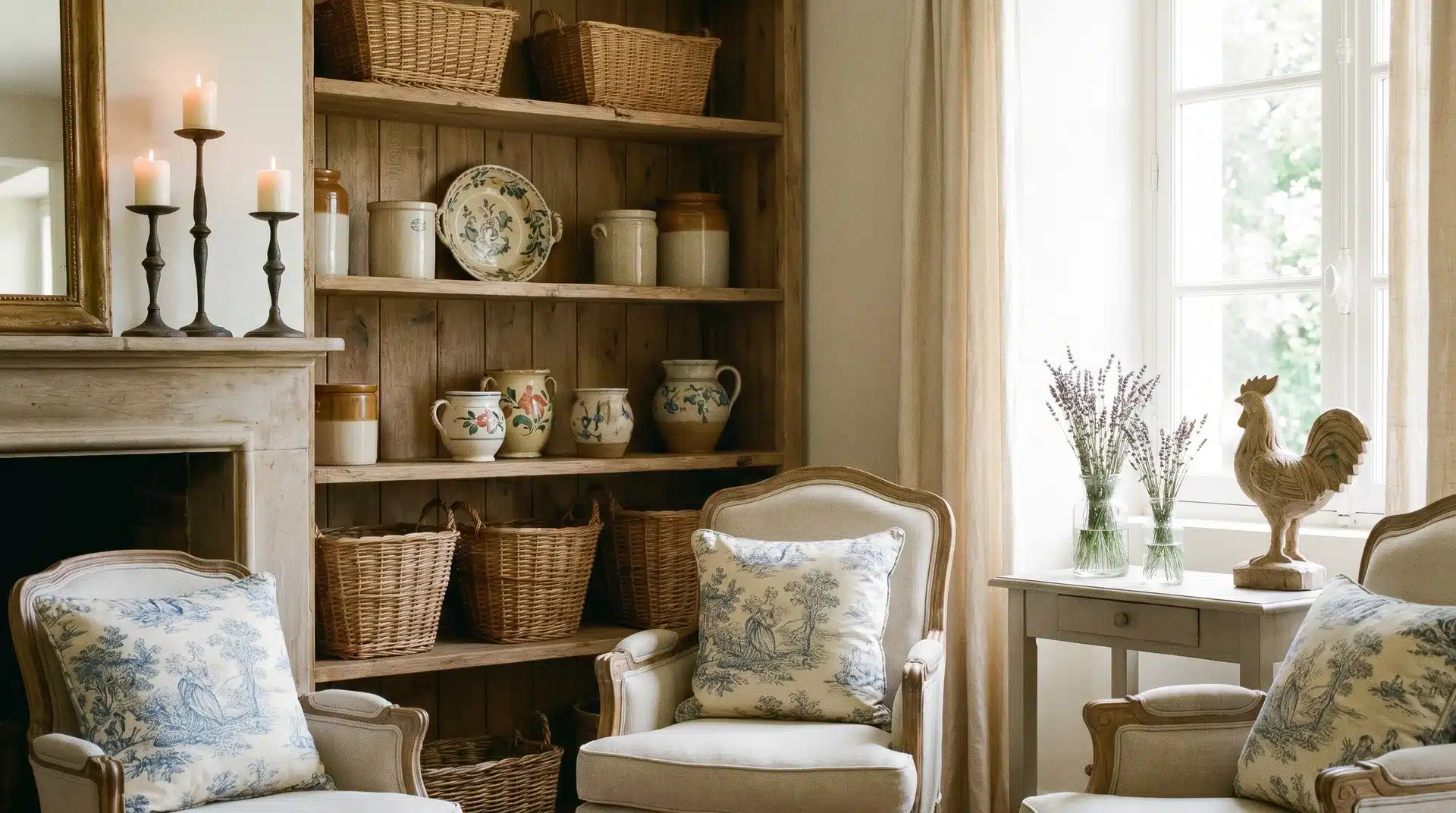 French country room with toile pillows, wicker baskets, hand-painted ceramics, and cozy armchairs.