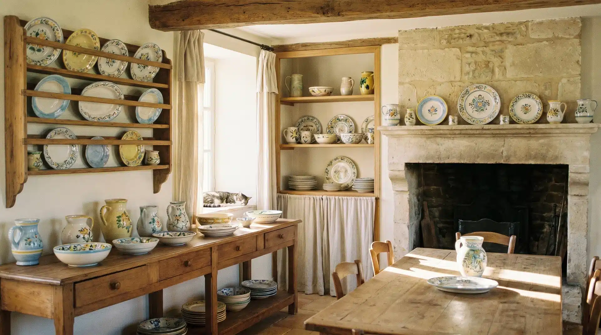 Rustic farmhouse kitchen with wooden furniture, stone walls, and colorful ceramic and porcelain accents.