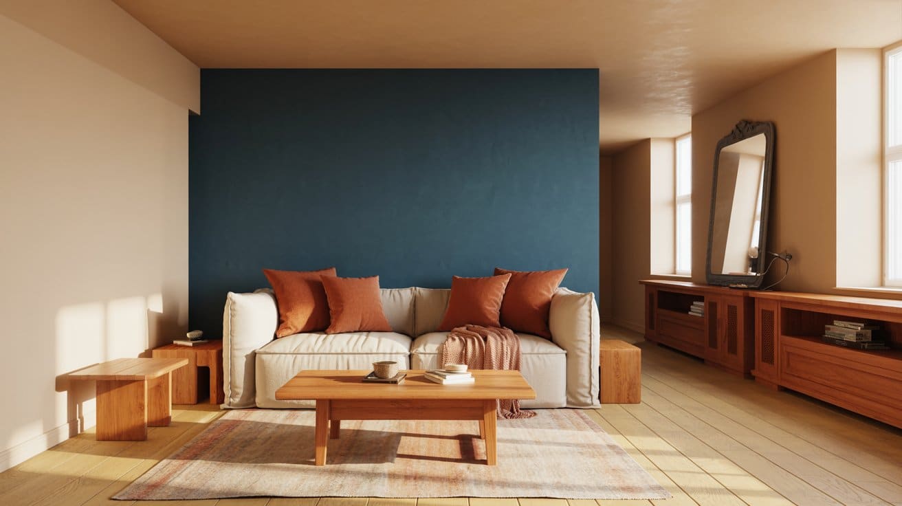 Cozy living room with a deep ocean blue accent wall, terracotta cushions, warm wood furniture, creamy white walls, light flooring