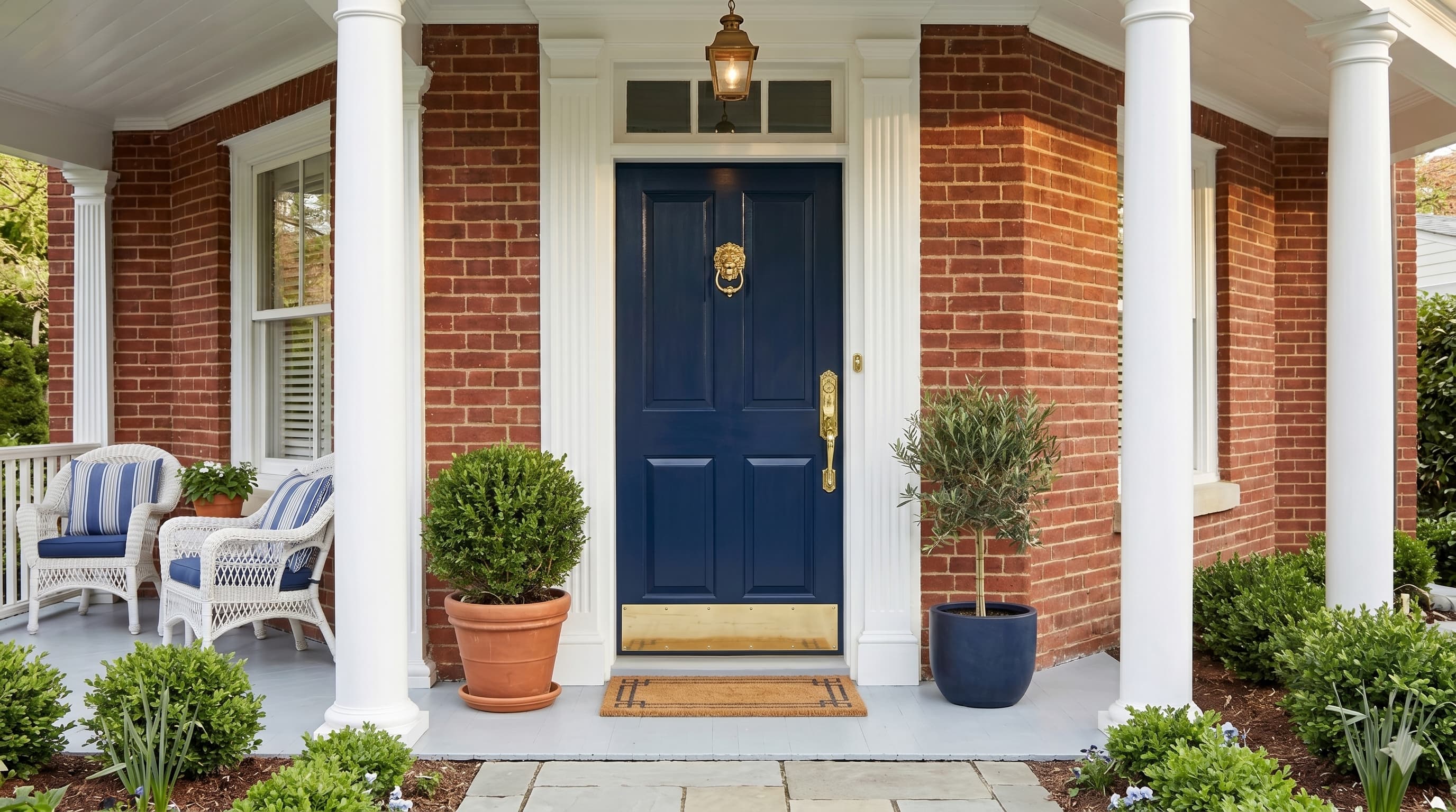 Front porch curb appeal ideas with a deep navy blue front door, polished brass knocker, and white columns.