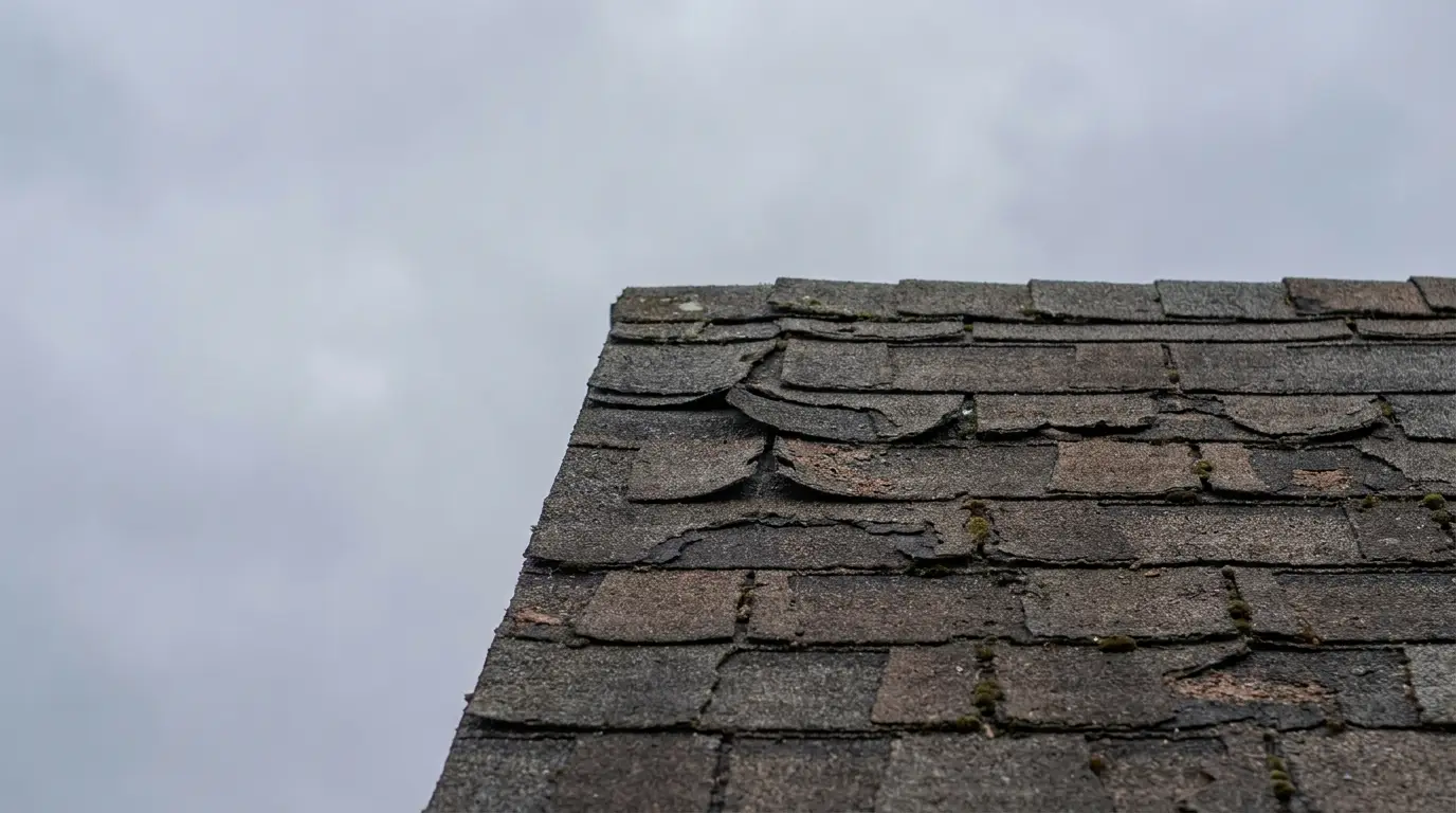 Worn asphalt roof shingles under overcast sky with moss growth visible