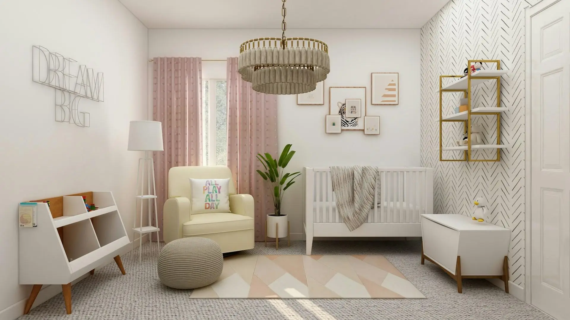 Modern nursery with cream armchair, crib, and patterned wallpaper featuring soft pink accents