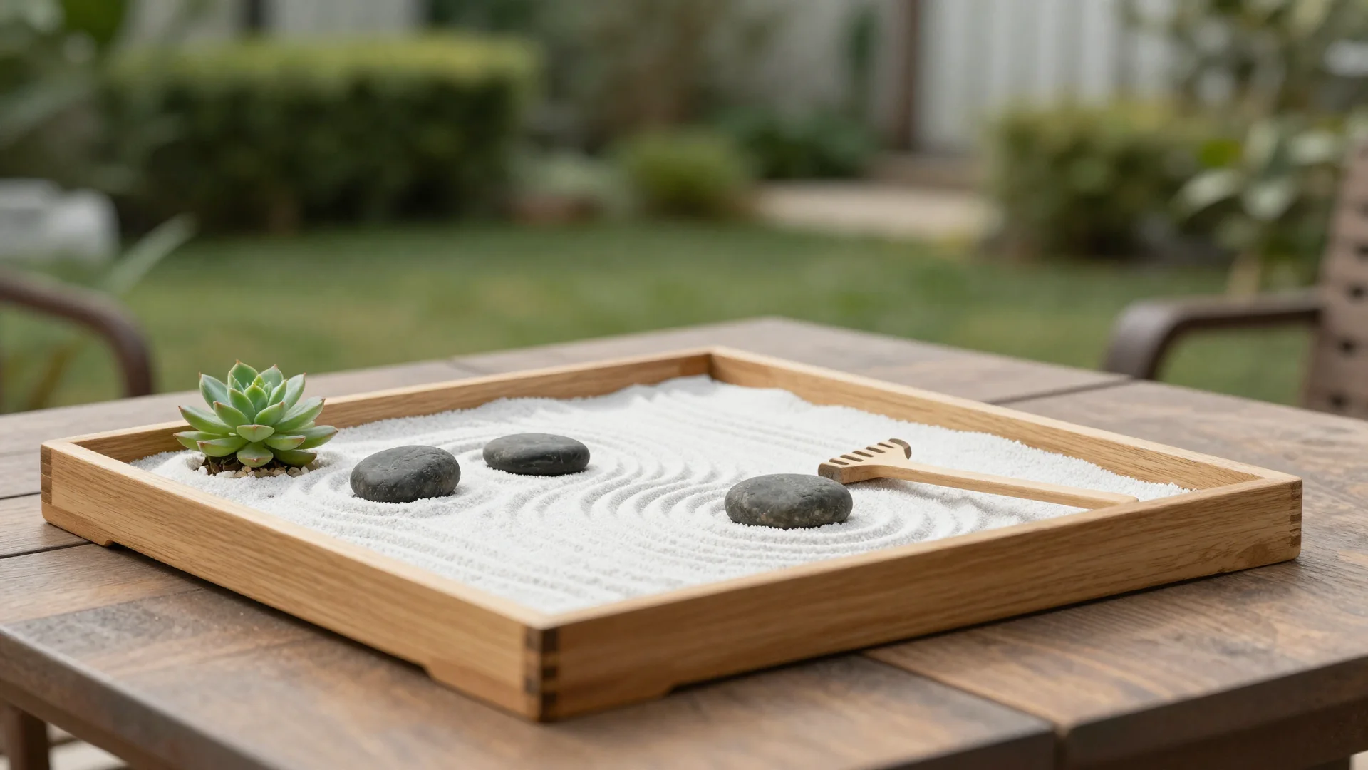A miniature zen garden in a shallow wooden tray filled with raked white sand, three smooth dark stones, and a tiny succulent plant.