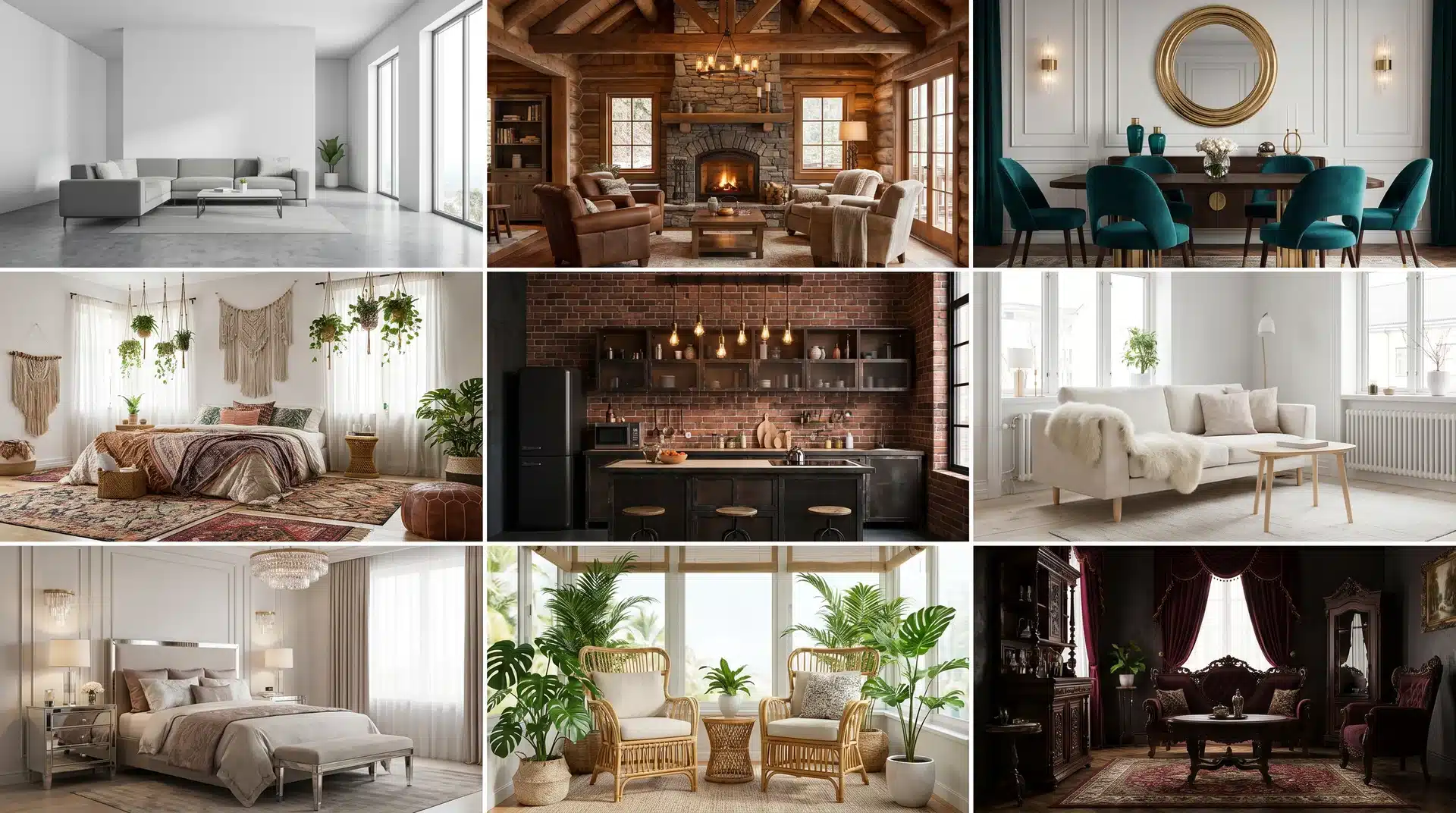 Grid collage of nine different home interior design styles including modern, industrial, and traditional.