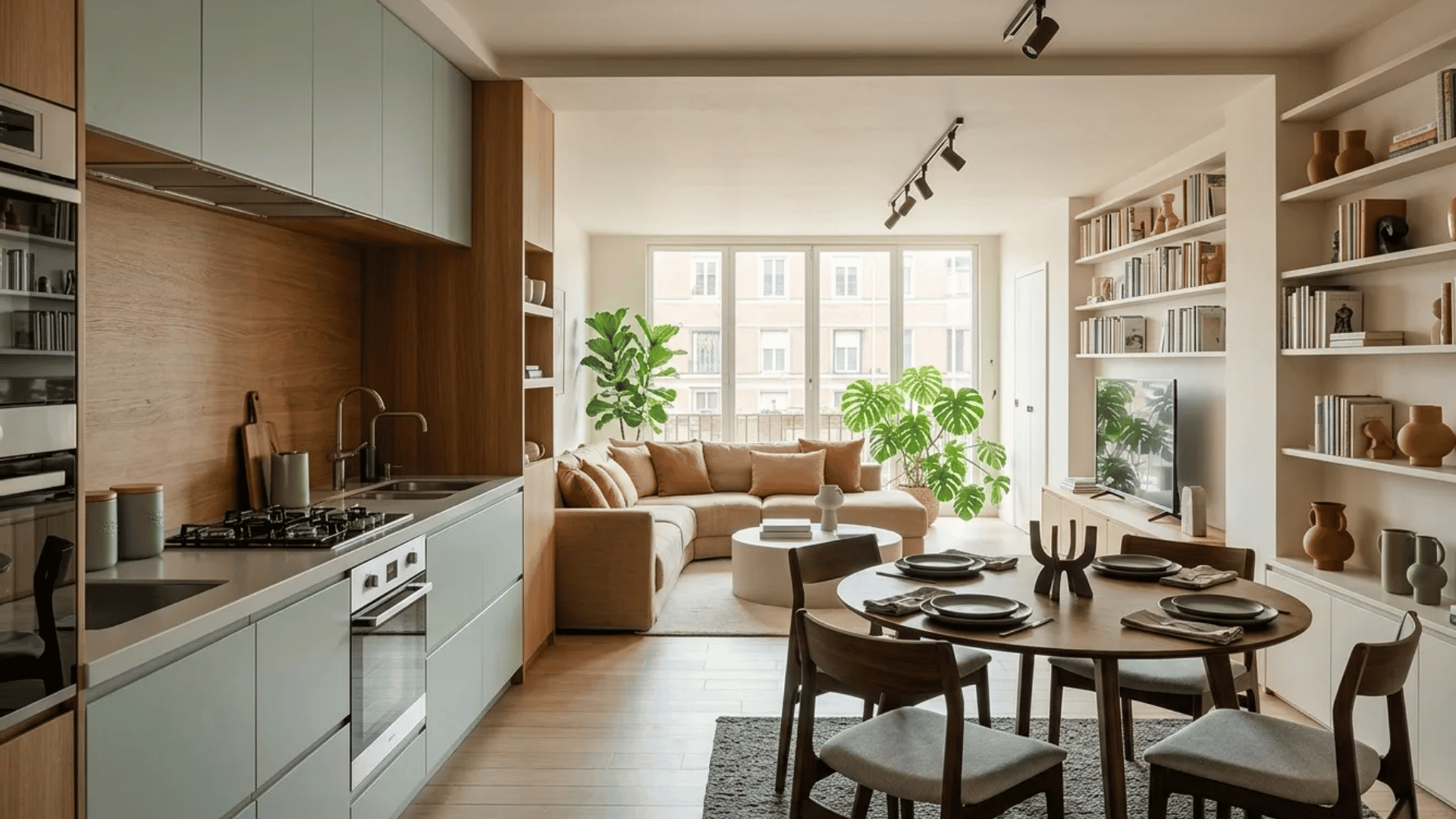 Dining-living blend layout with a compact open-concept design connecting the kitchen, dining area, and lounge space effortlessly.