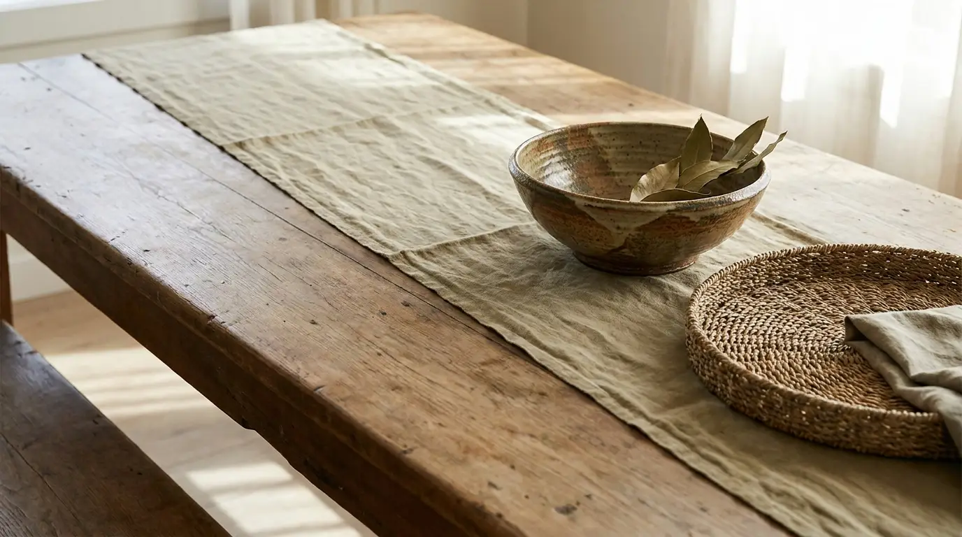 Rustic wooden dining table with ceramic bowl and woven placemat in natural light