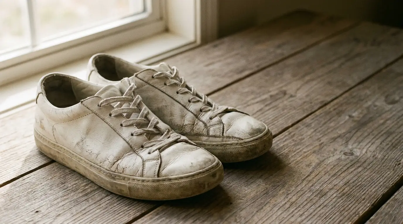Worn white sneakers placed on a rustic wooden floor near window