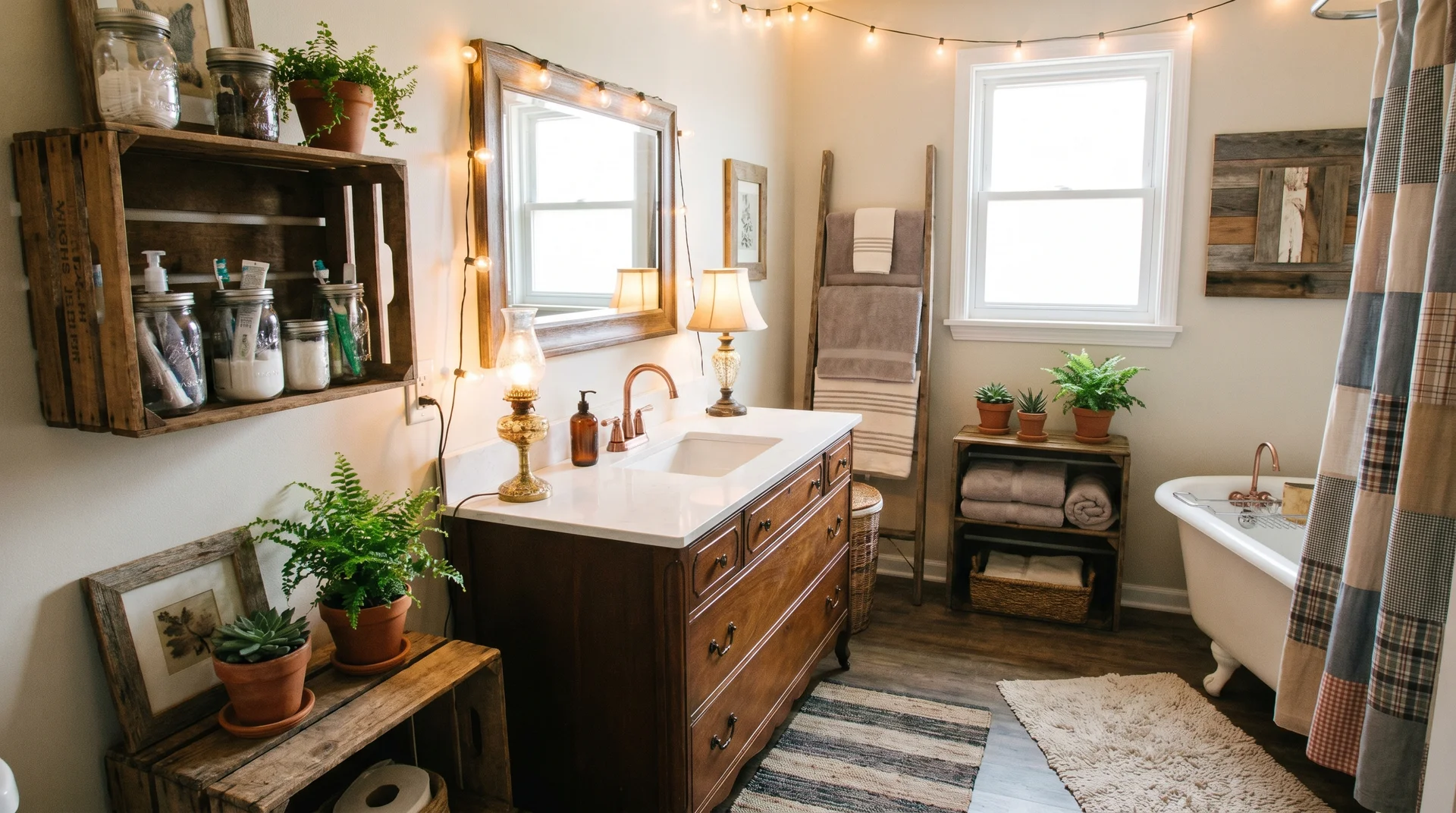 Bathroom with DIY and upcycled wooden decor and potted plants.