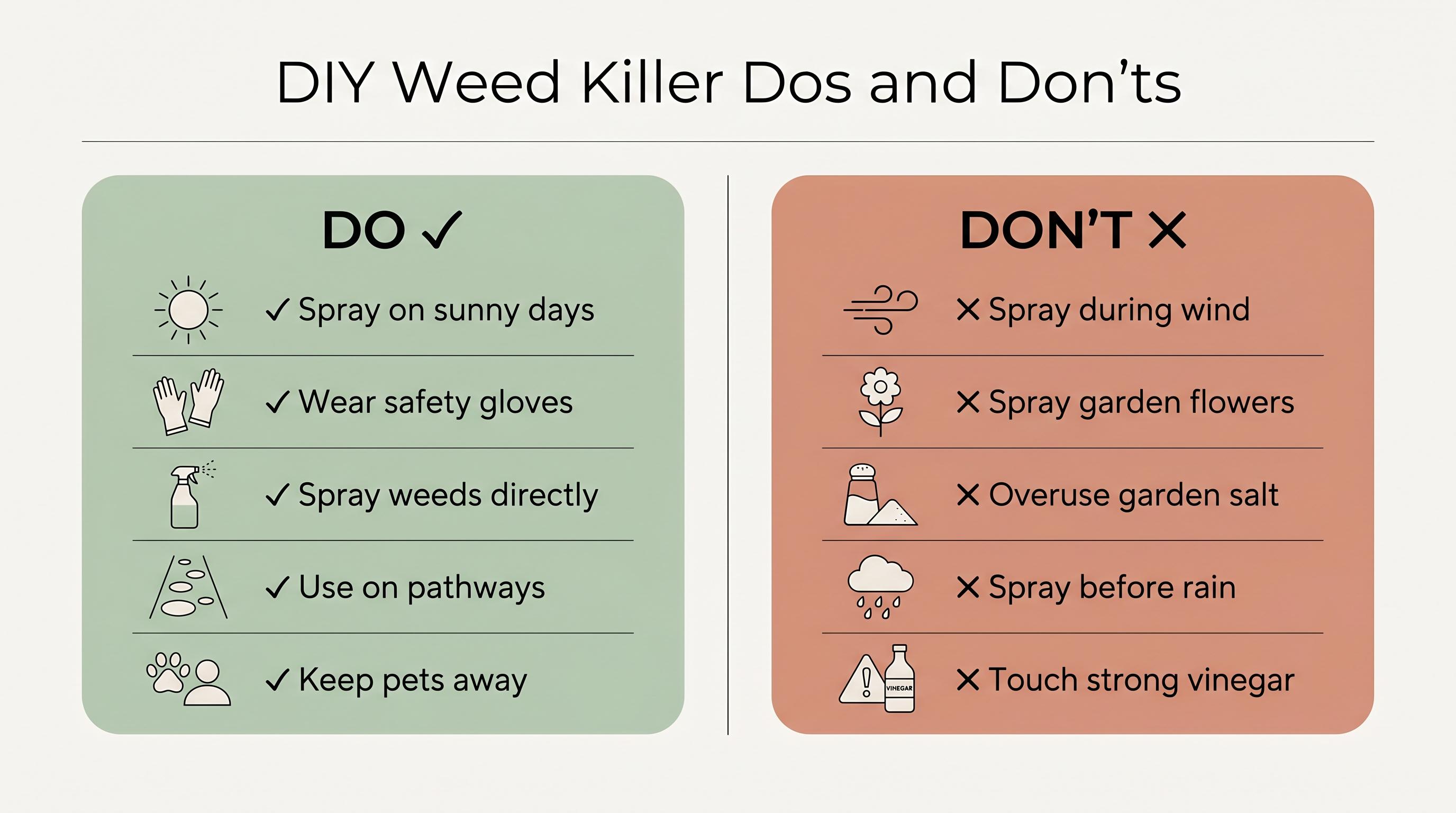 Minimalist infographic showing DIY weed killer dos and don’ts with simple icons, including safe spraying practices, protective gear, avoiding windy days, and protecting nearby plants.