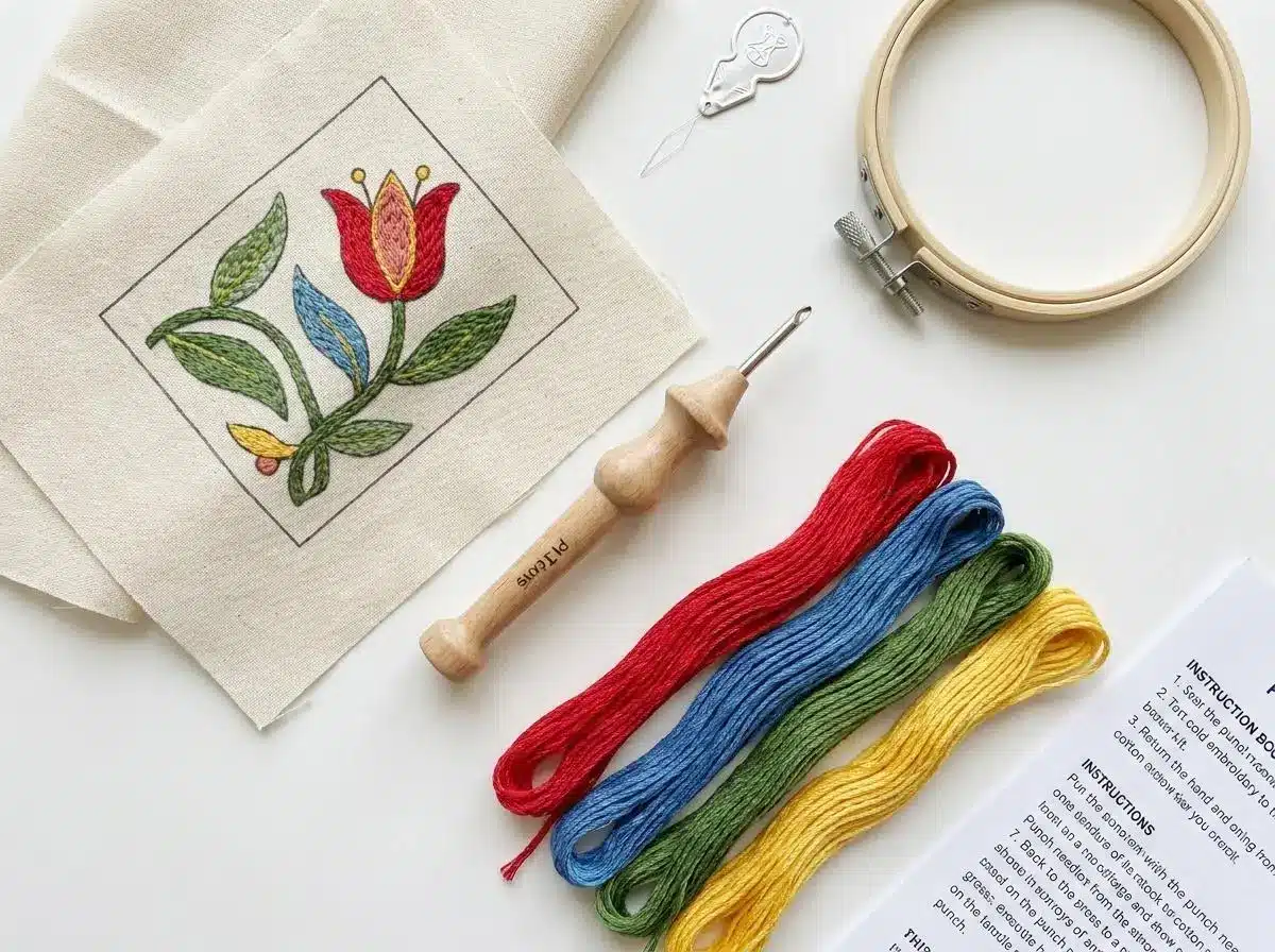 Embroidery hoop and threads with floral embroidery pattern on fabric in craft setup