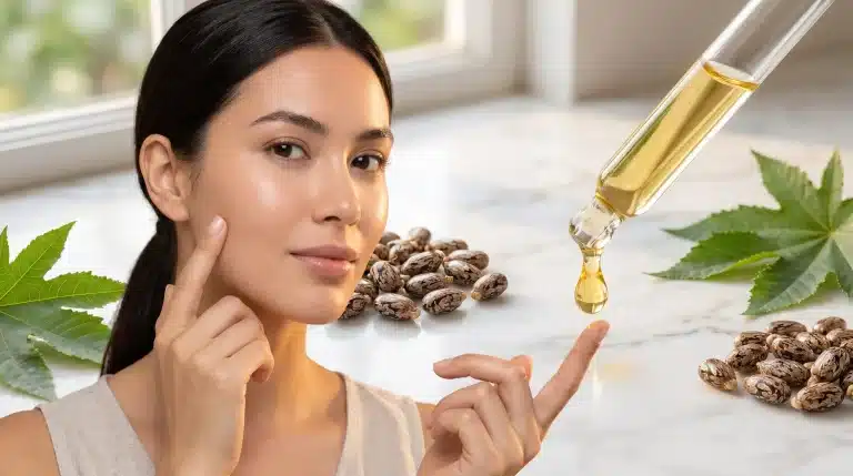 Woman applying oil drop on finger with castor beans and leaves on marble surface