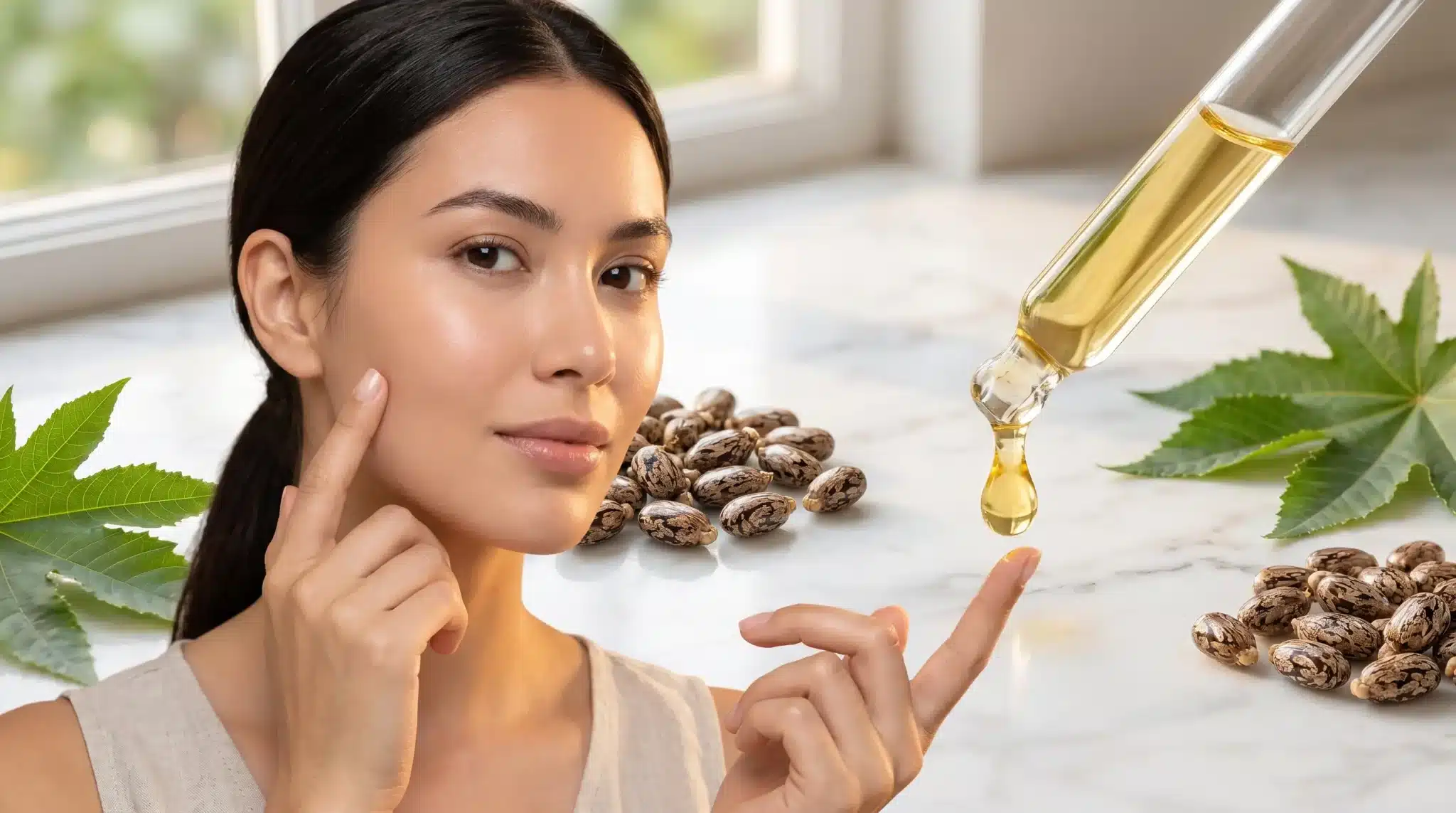 Woman applying oil drop on finger with castor beans and leaves on marble surface