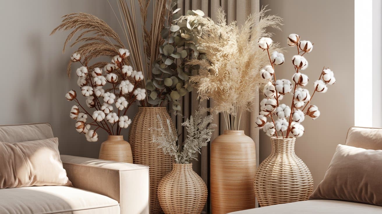 Living room corner with tall vases holding dried pampas grass, eucalyptus, cotton stems, and lunaria, adding texture and earthy, low-maintenance style to the space.