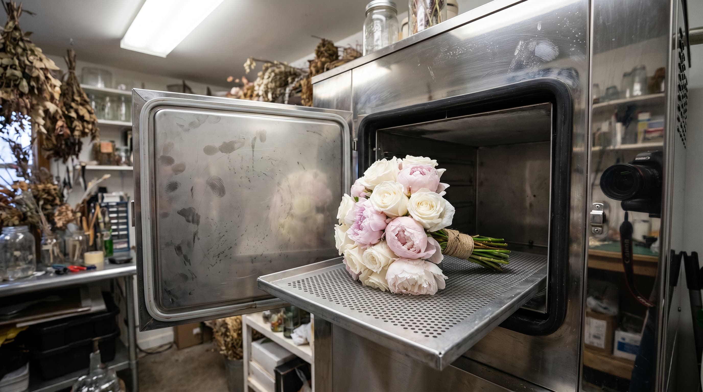 Fresh flowers placed inside a professional freeze-drying chamber with frosted petals, stainless steel trays, and a technician carefully arranging blooms in a realistic floral preservation lab.