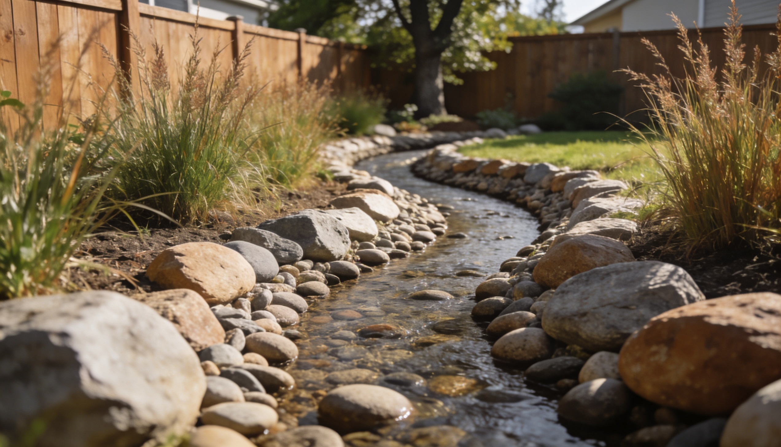 A winding dry stream bed created with smooth river rocks, curving through a backyard garden lined with tall ornamental grasses.