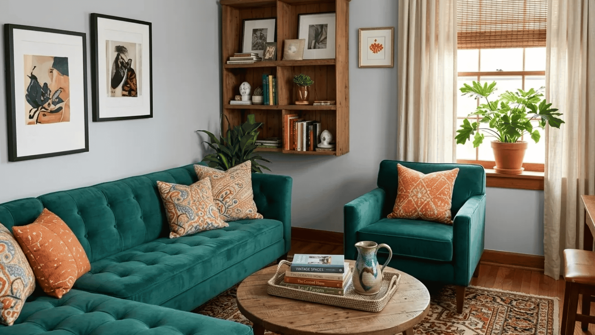 Dual-purpose small living room layout with compact seating, layered decor, and a cozy reading-friendly setup.