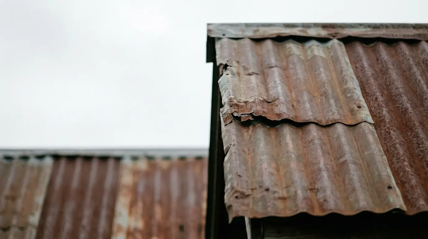 Rusted corrugated metal roof with weathered texture and overcast sky background