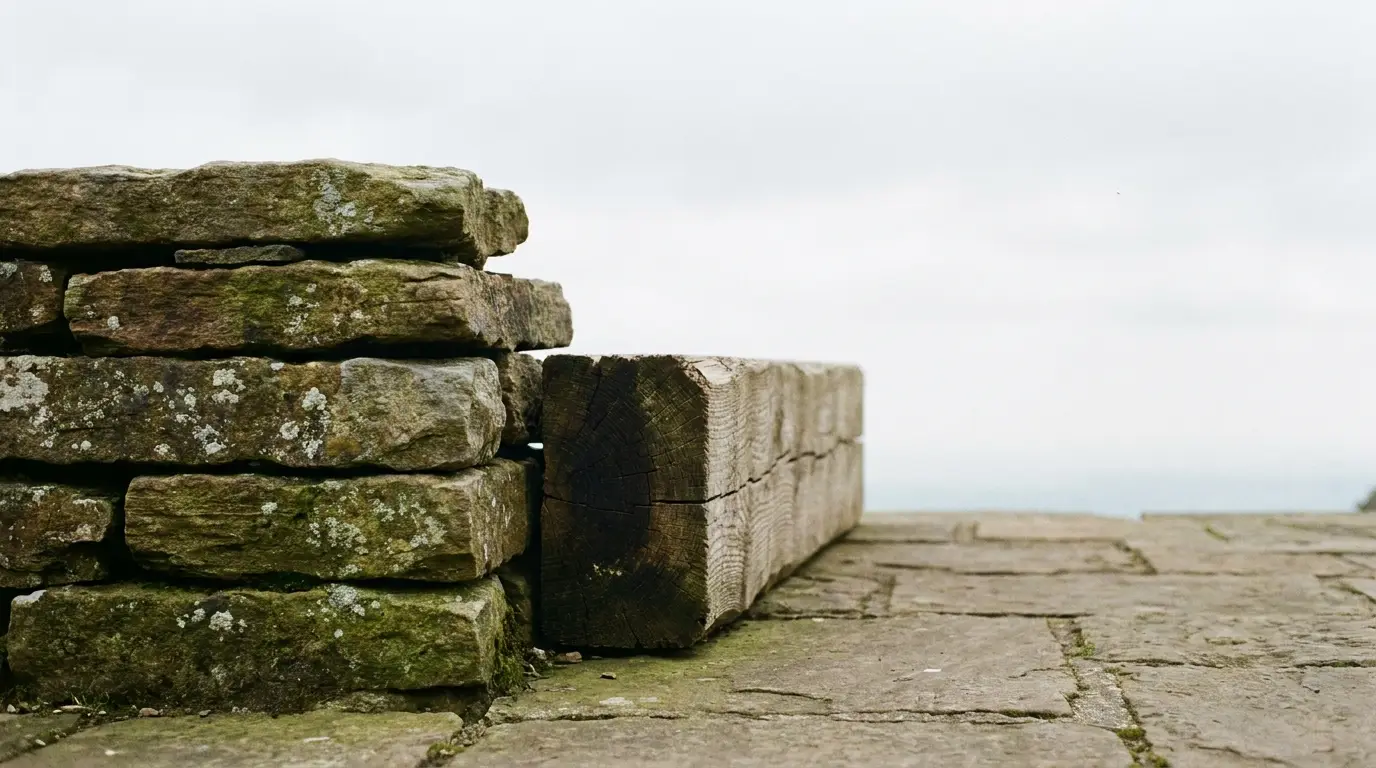 Stone wall and wooden beam in an outdoor setting under cloudy sky