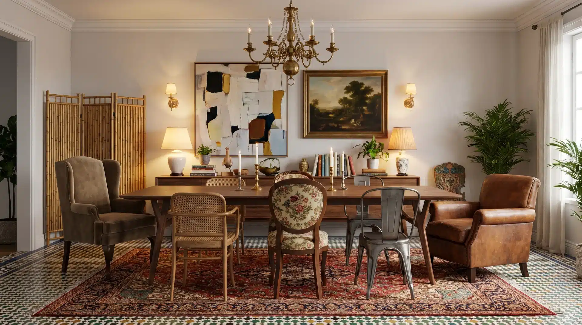 Eclectic dining room with mismatched chairs, a vintage chandelier, patterned rug, and leather armchairs by a window.