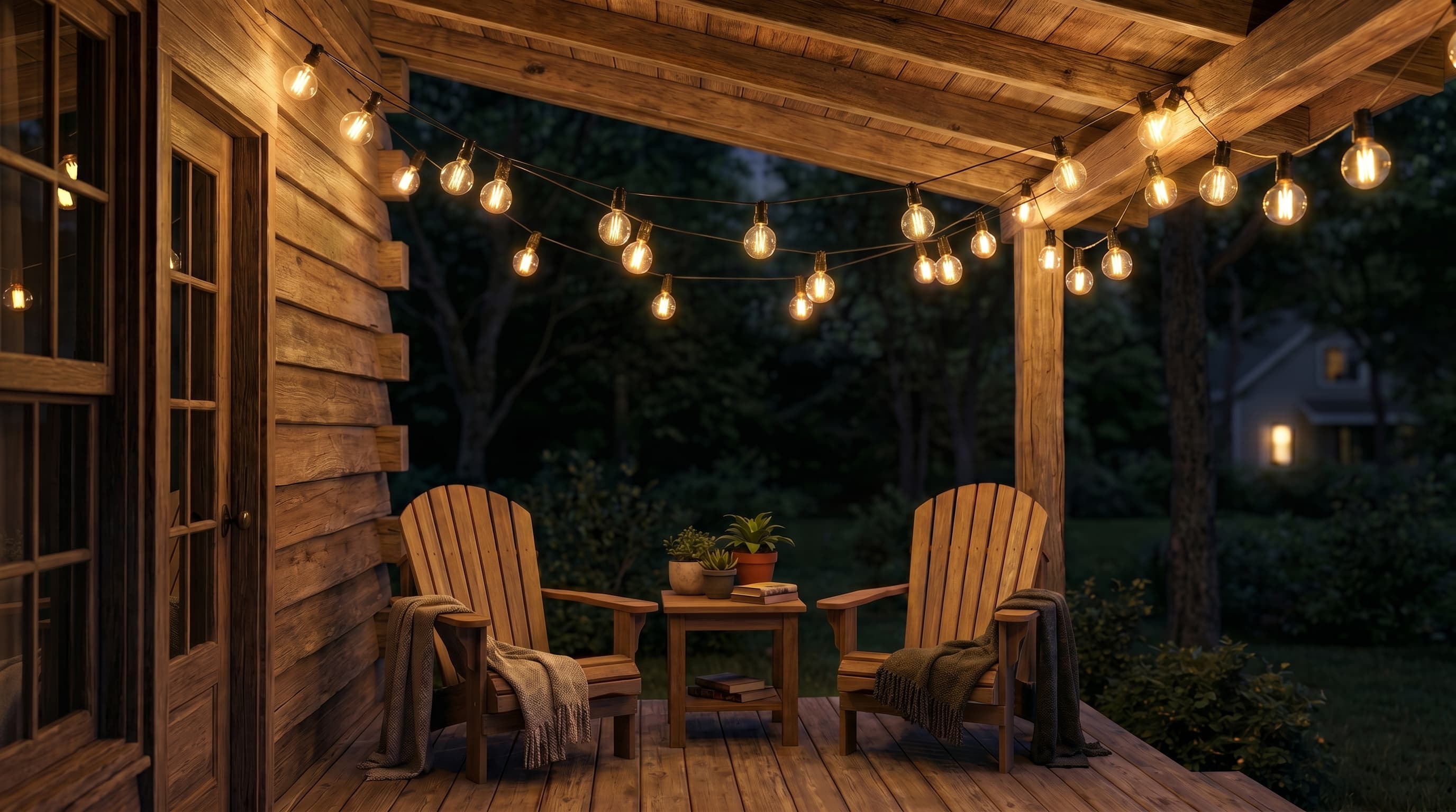 Front porch string light ideas: globe Edison bulbs strung across the porch ceiling for evening ambiance.