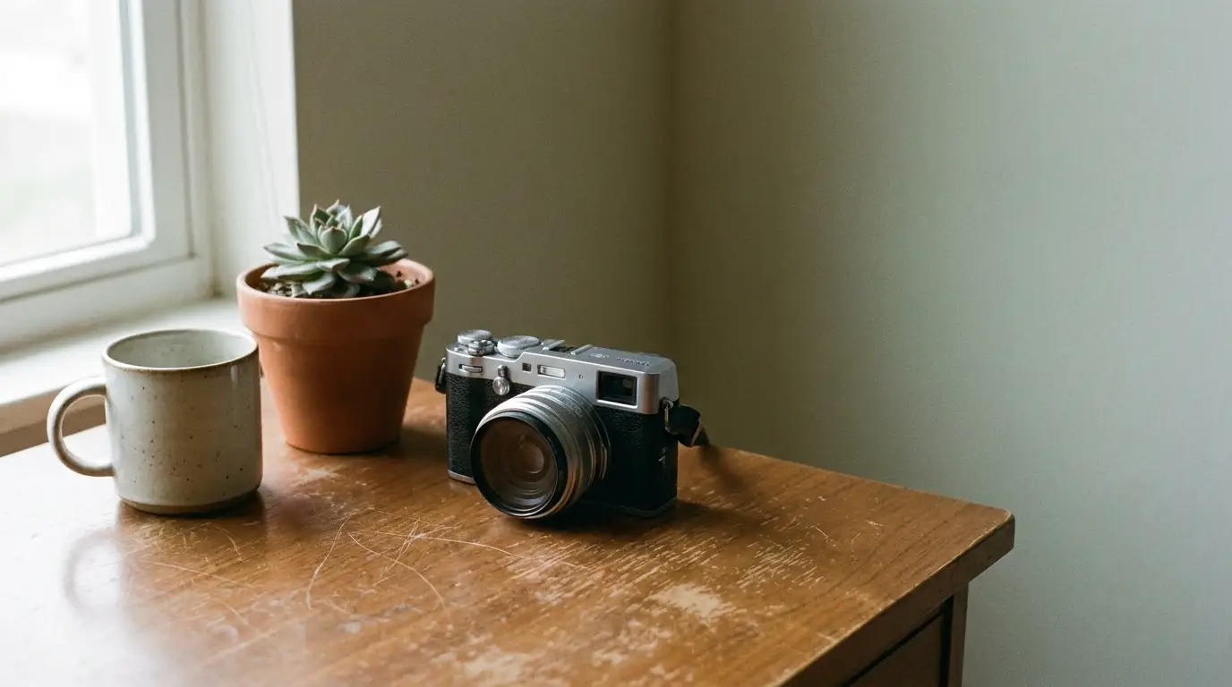 Camera, potted succulent, and ceramic mug on wooden desk near window