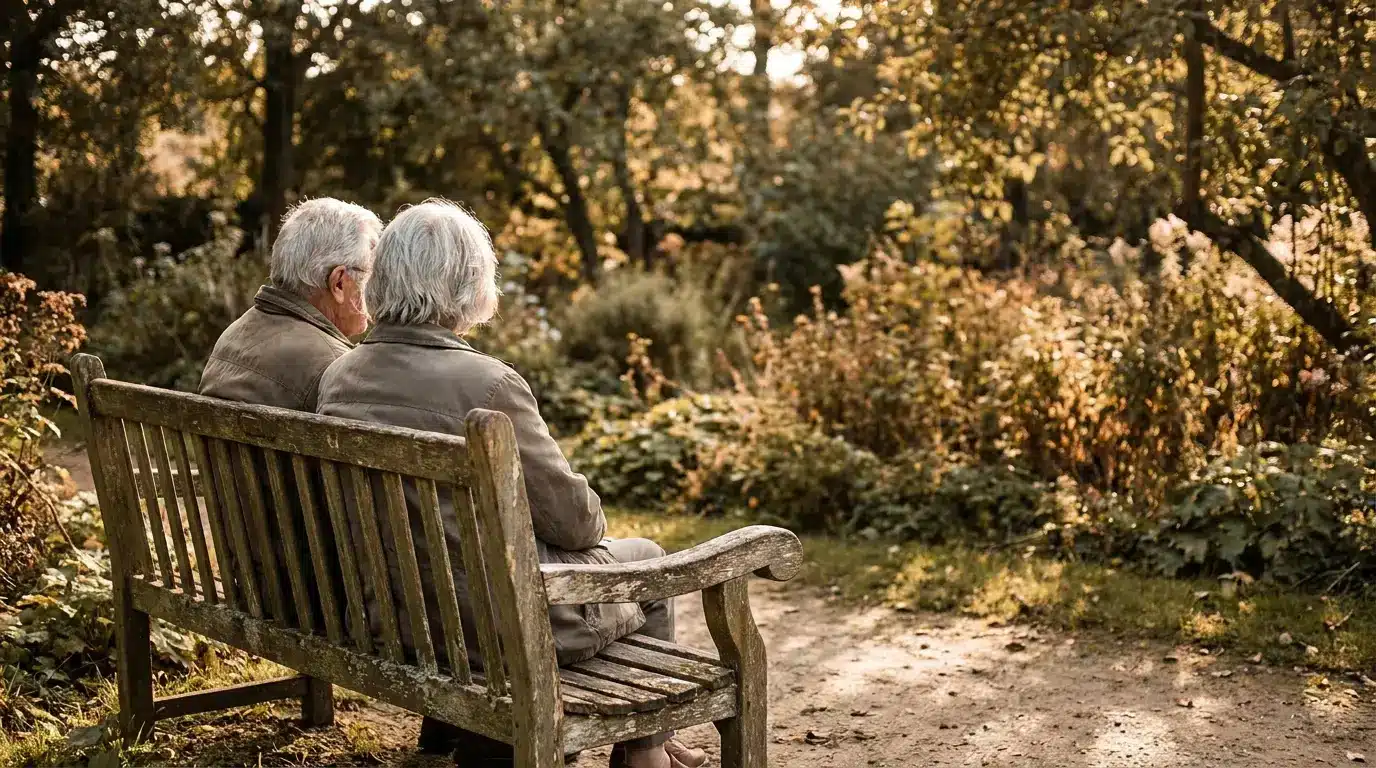 Elderly couple sitting on wooden bench in lush garden during golden hour
